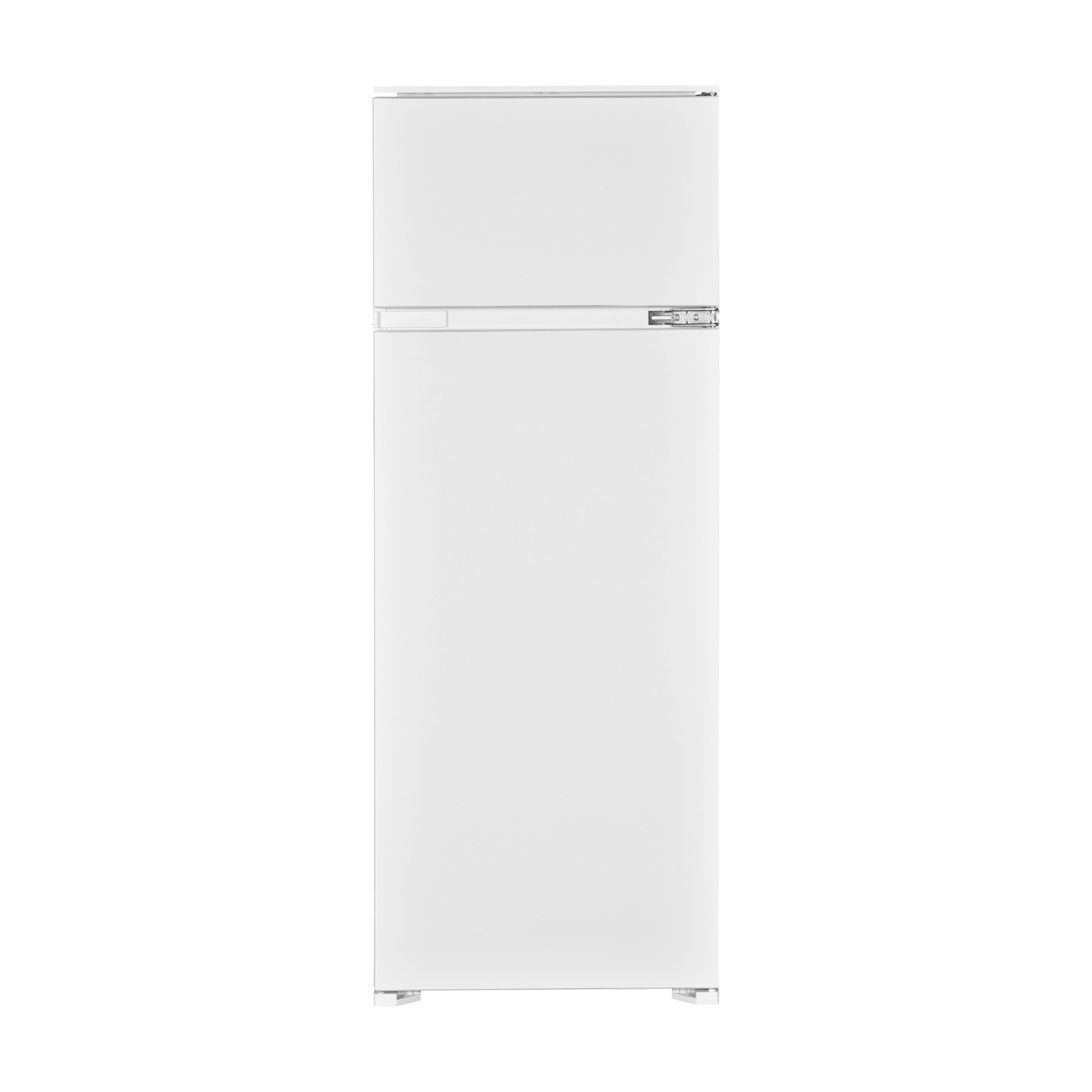Un frigorifero bianco si erge su sfondo bianco. Ha due porte, una maniglia ed è in stile pulito e minimalista.