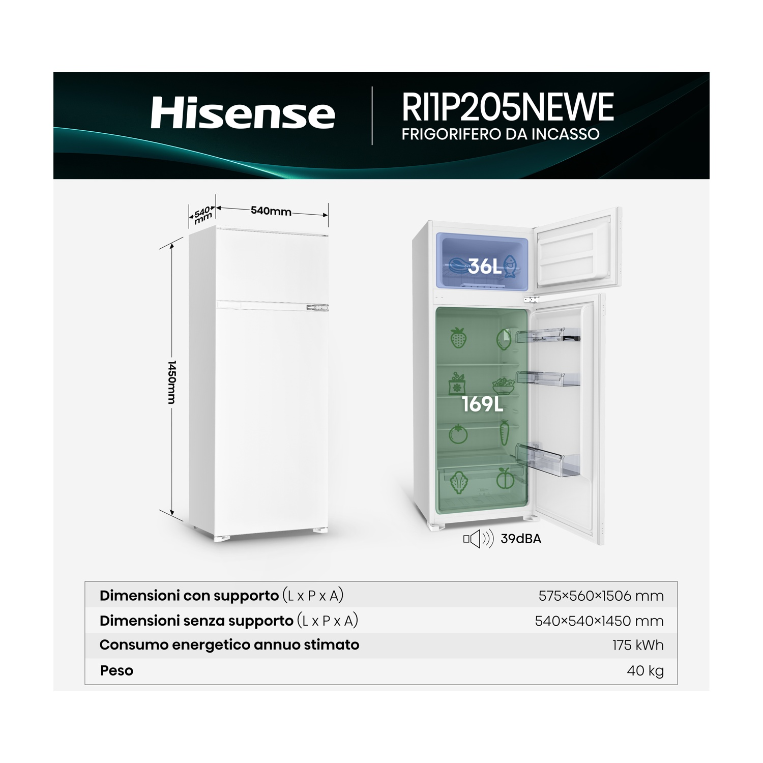 Un frigorifero Hisense bianco con la porta aperta che mostra l'interno. Dimensioni e specifiche sono elencate sotto l'immagine.