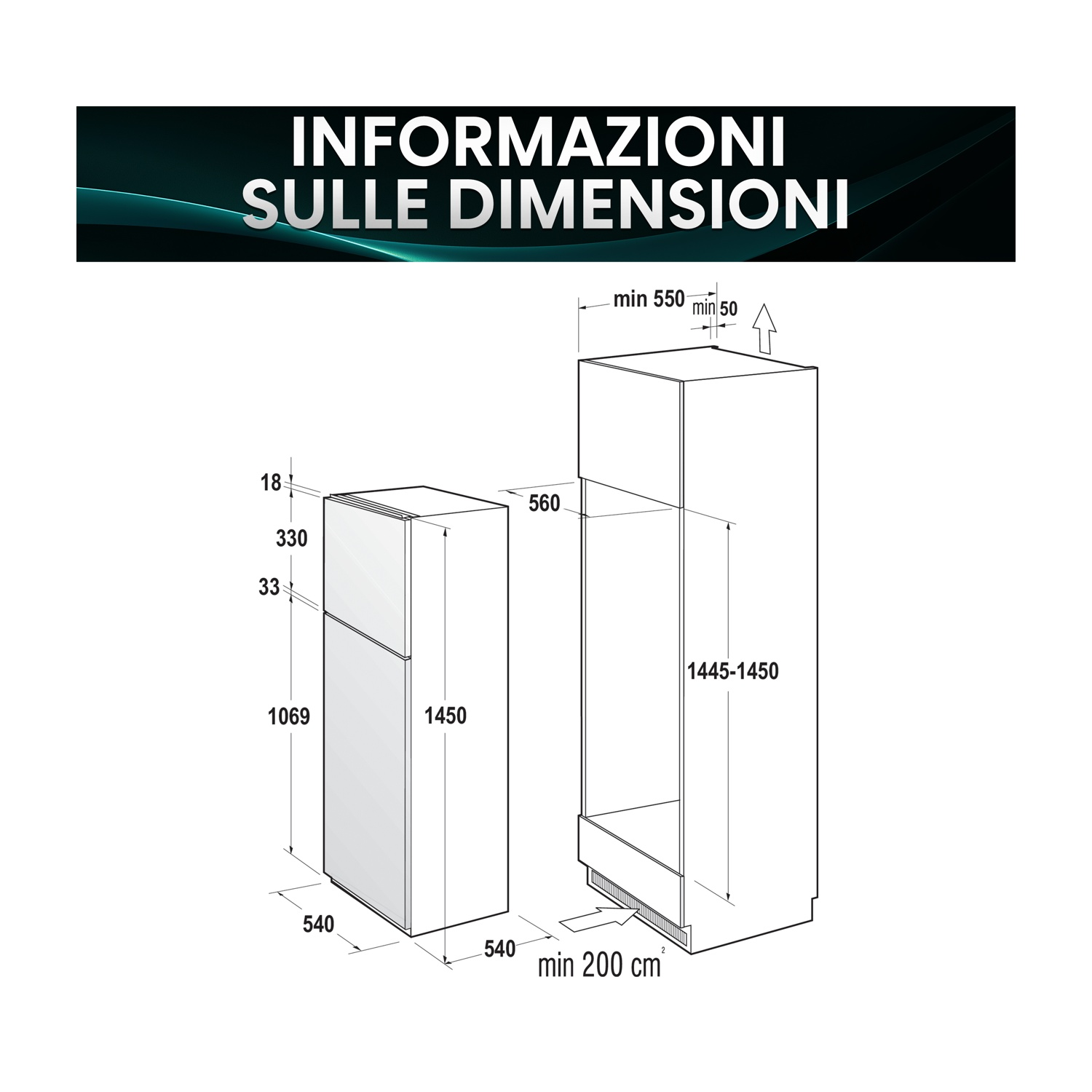 Diagramma che mostra le dimensioni di un frigorifero. Le misure etichettate includono altezza, larghezza e profondità in millimetri.