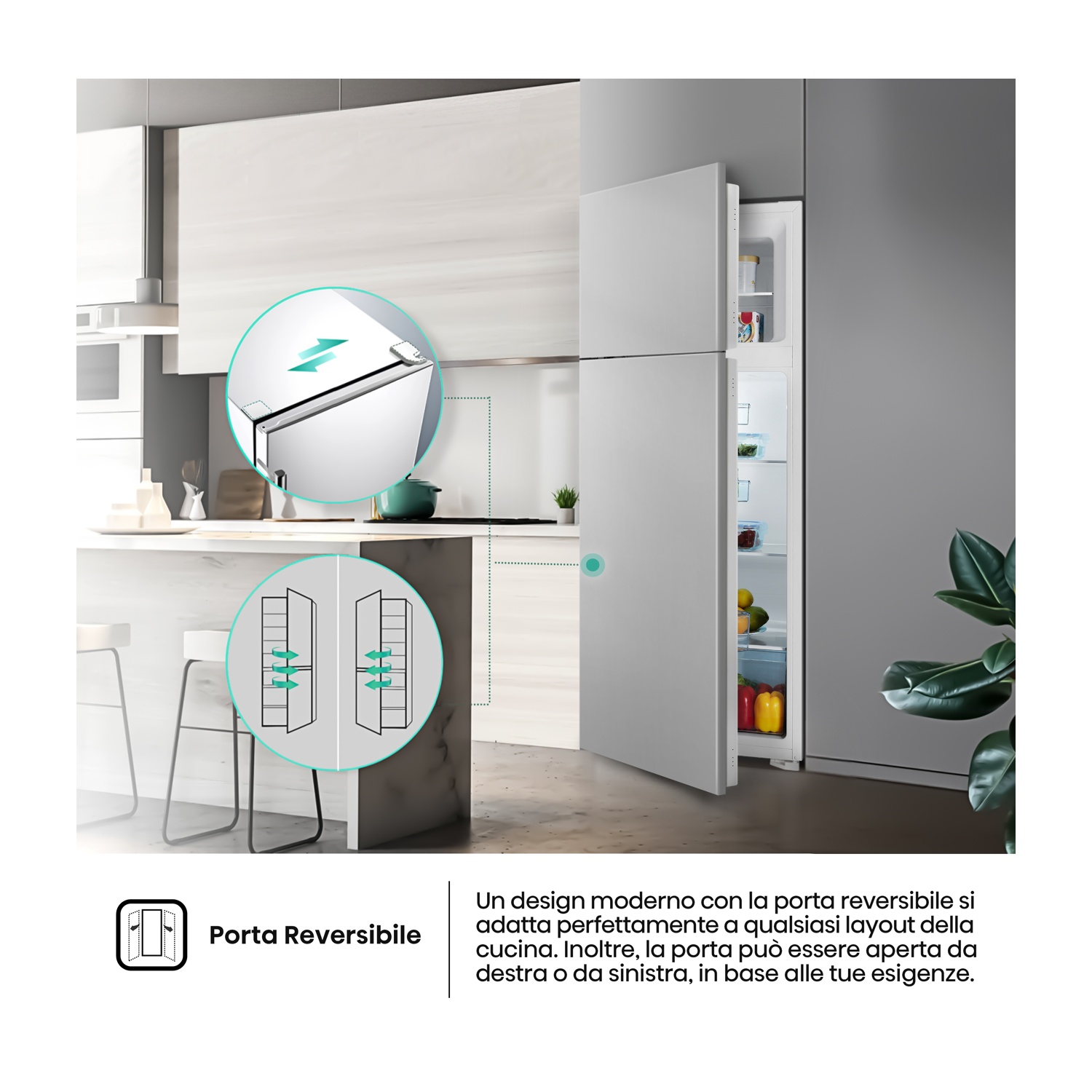 Scena cucina moderna con frigorifero a porta reversibile, aperto. Testo: design moderno, adatto a qualsiasi layout di cucina.