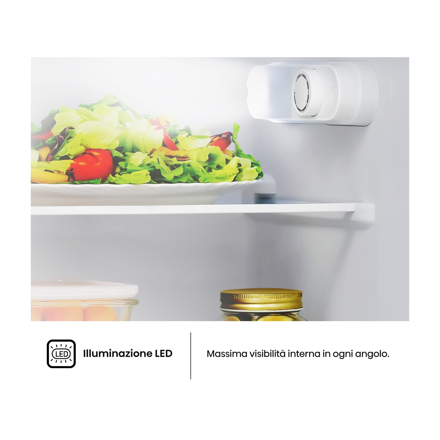 All'interno di un frigorifero, un piatto con insalata. La luce LED illumina l'interno. Barattoli e altri oggetti sugli scaffali.