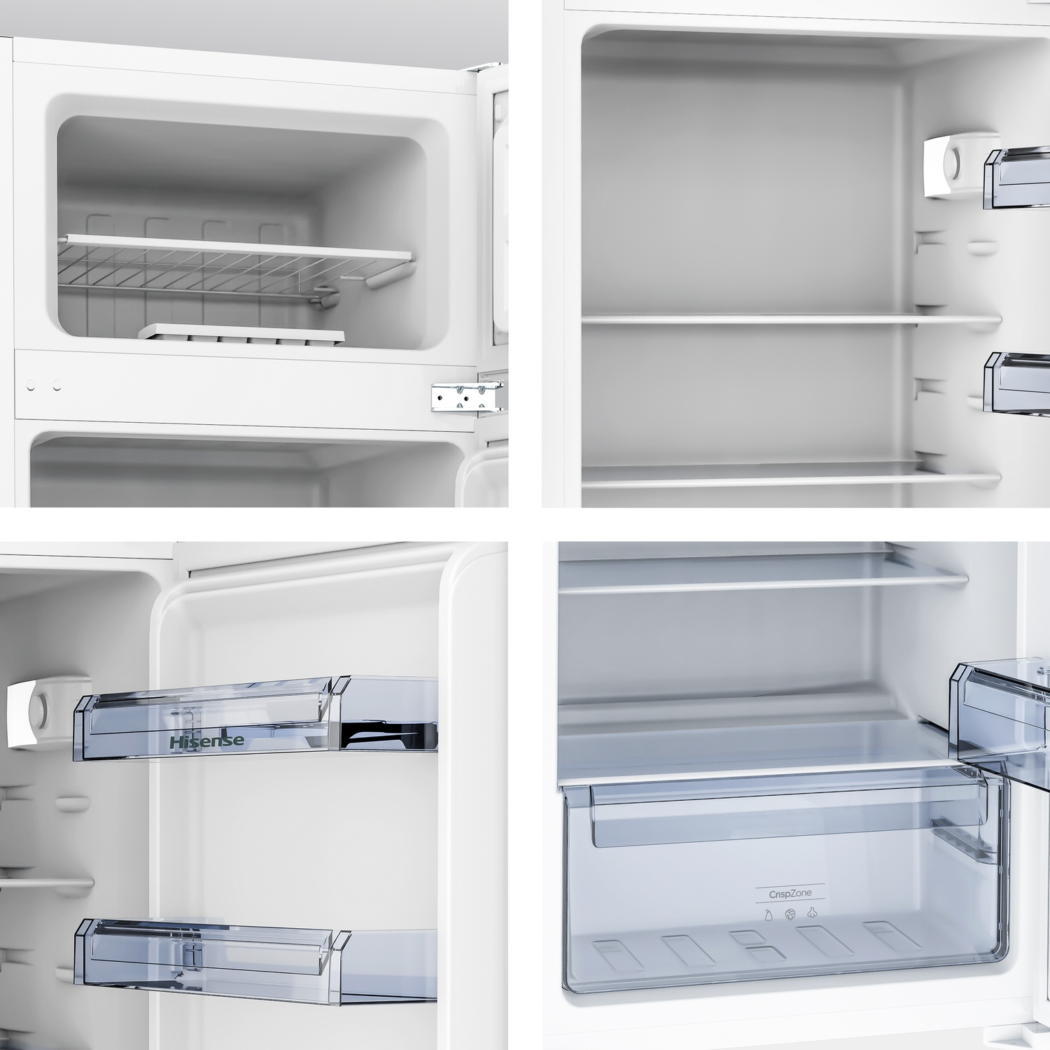 Interno di un frigorifero bianco aperto. Ha ripiani, un cassetto per la verdura e un congelatore. Il marchio è Hisense. Tutti i componenti sono vuoti.