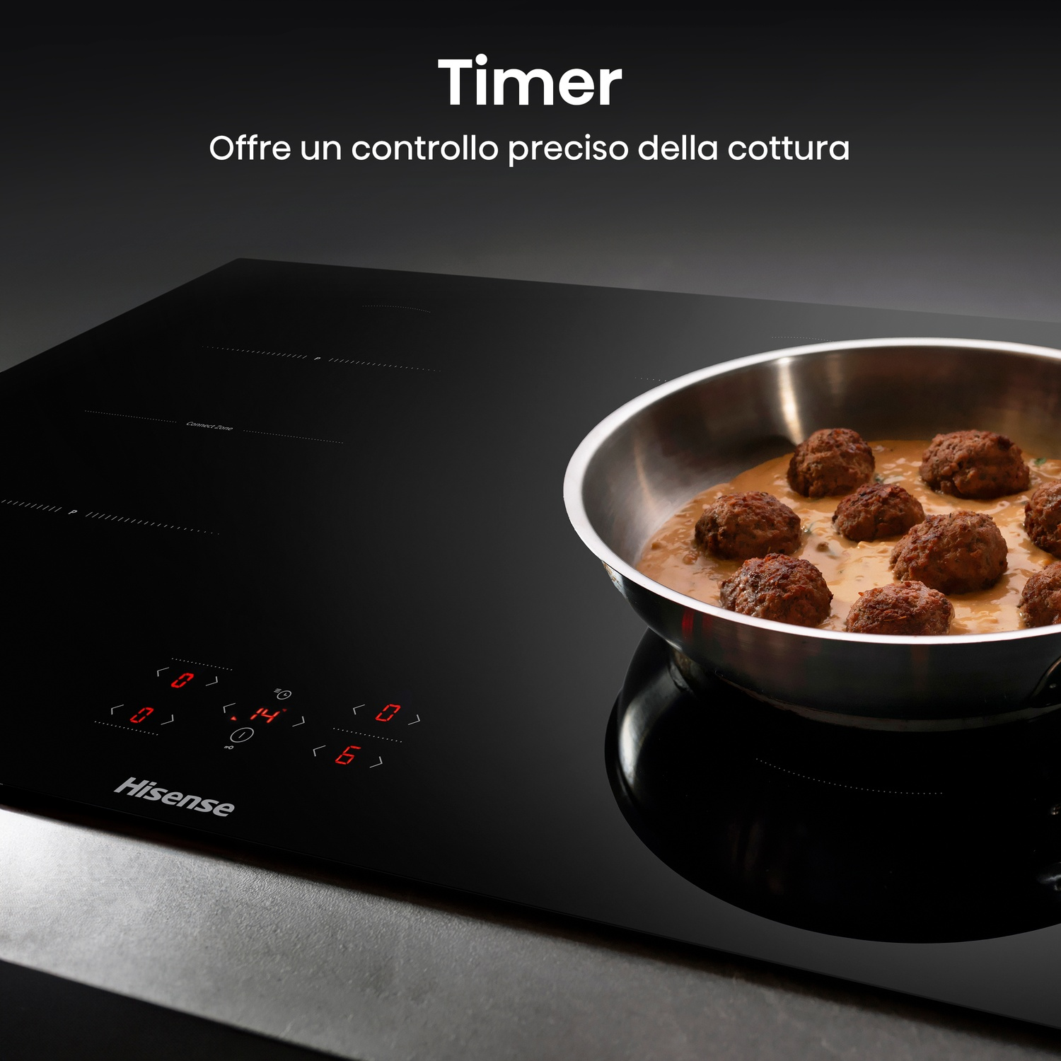 Un piano cottura a induzione Hisense nero con una padella di polpette. I numeri rossi indicano il timer. Testo: Timer. Offre un controllo preciso della cottura.