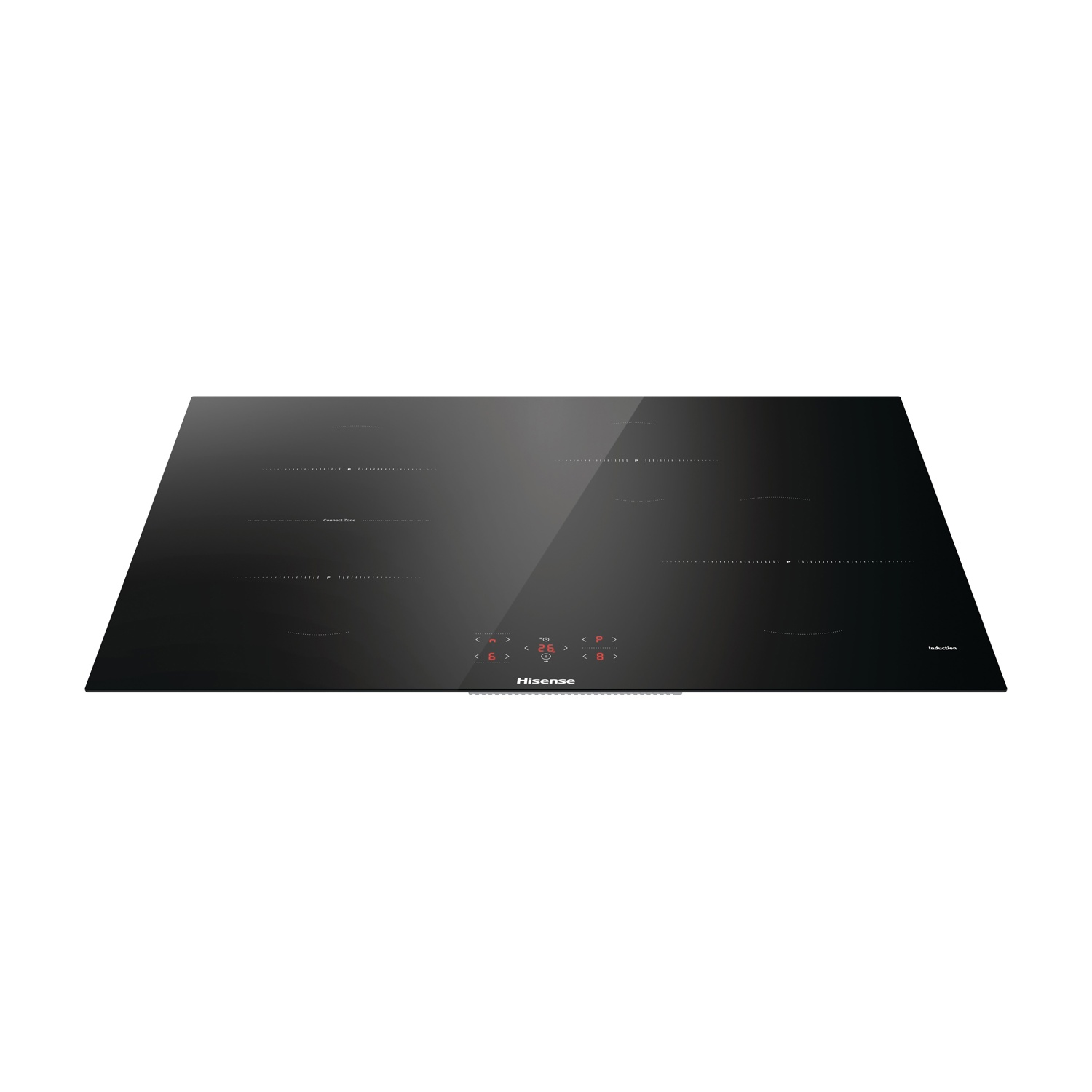 Piano cottura a induzione nero su sfondo bianco. Ha display digitali e il logo Hisense.