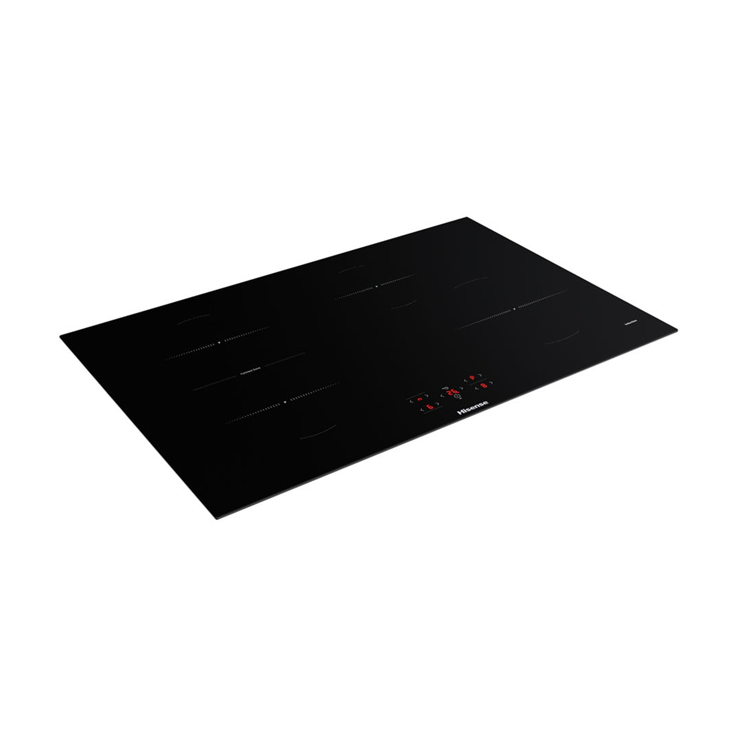 Un piano cottura a induzione Hisense nero. Ha diverse zone cottura con comandi touch e un display digitale con numeri rossi.
