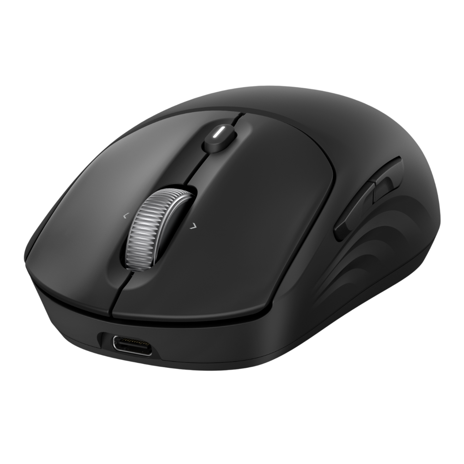 Une souris d'ordinateur noire avec une molette et deux boutons. Elle possède un port USB-C. Le fond est noir.