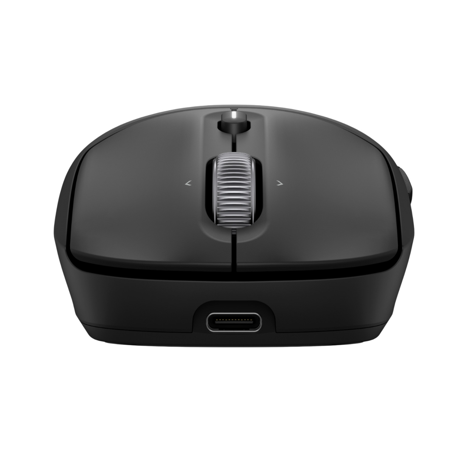 Une souris d'ordinateur noire avec une molette de défilement au centre. Elle a un port USB-C en bas. Des flèches sont sur les côtés.