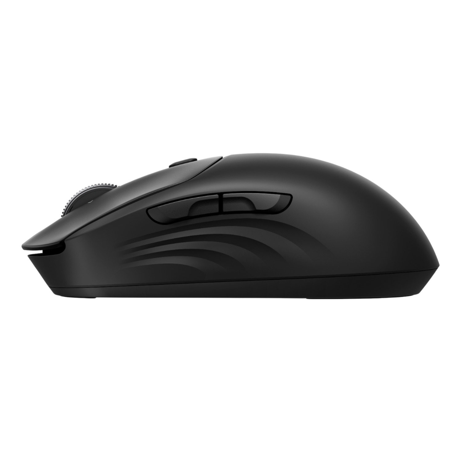 Une souris d'ordinateur noire, vue latérale. Elle a une molette, des boutons et un design incurvé. Le fond est blanc.