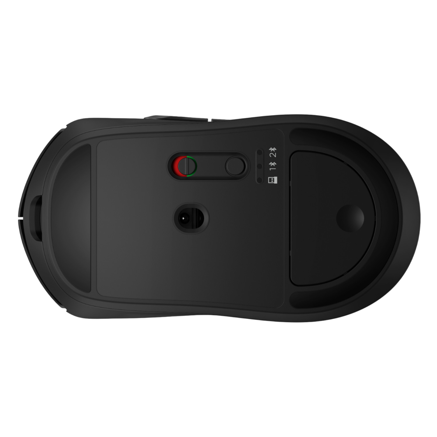 Souris d'ordinateur noire, vue de dessous. Comprend un interrupteur marche/arrêt, bouton DPI et compartiment. Isolé sur fond blanc.