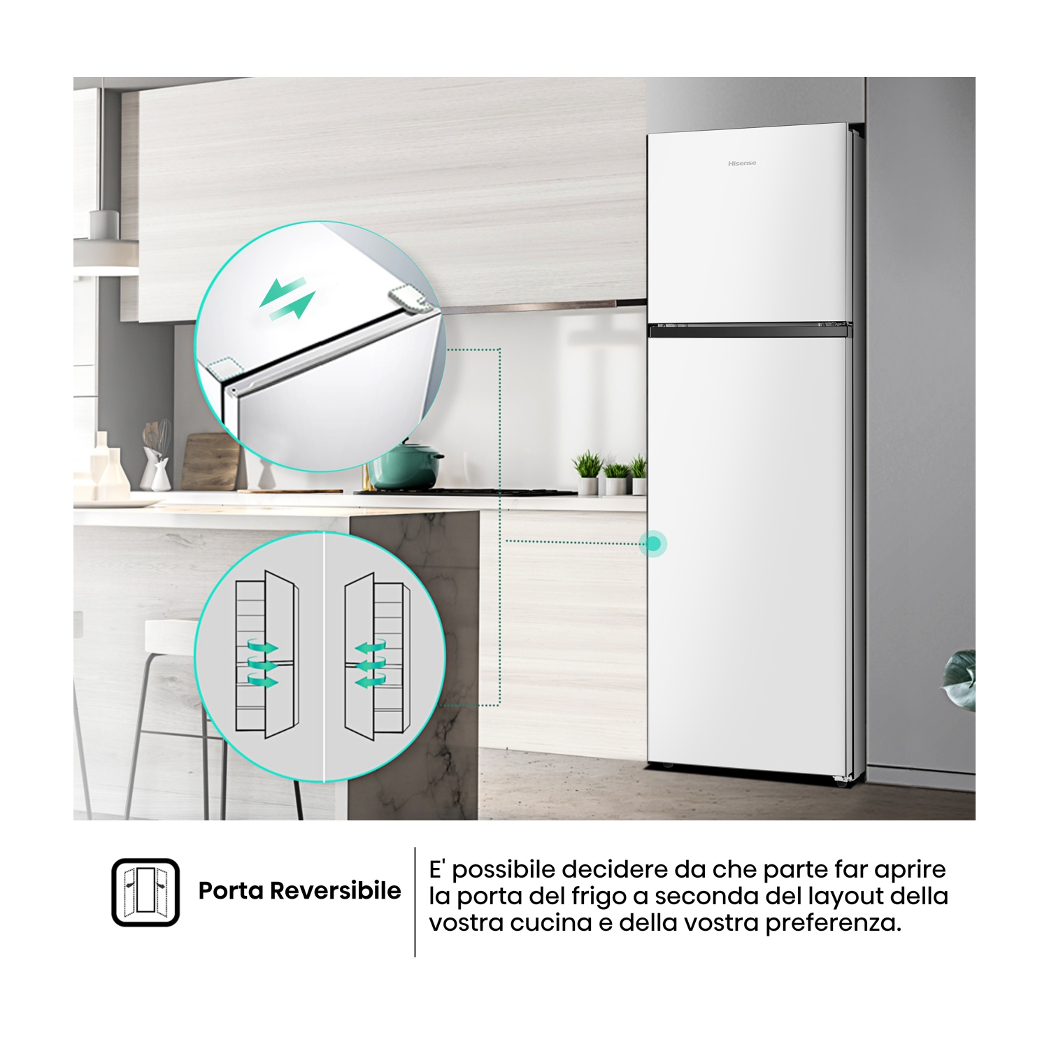 Frigorifero Hisense bianco con porta reversibile. Ambiente cucina con armadio e sgabello.