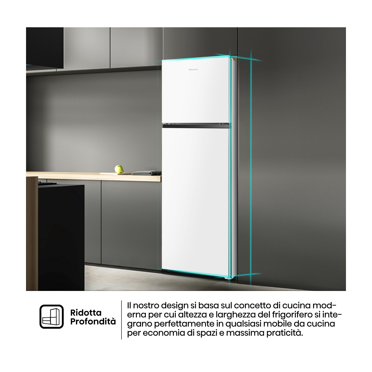 Un frigorifero Hisense bianco in una cucina moderna. Il frigo è segnato con linee blu, mostrando le dimensioni.