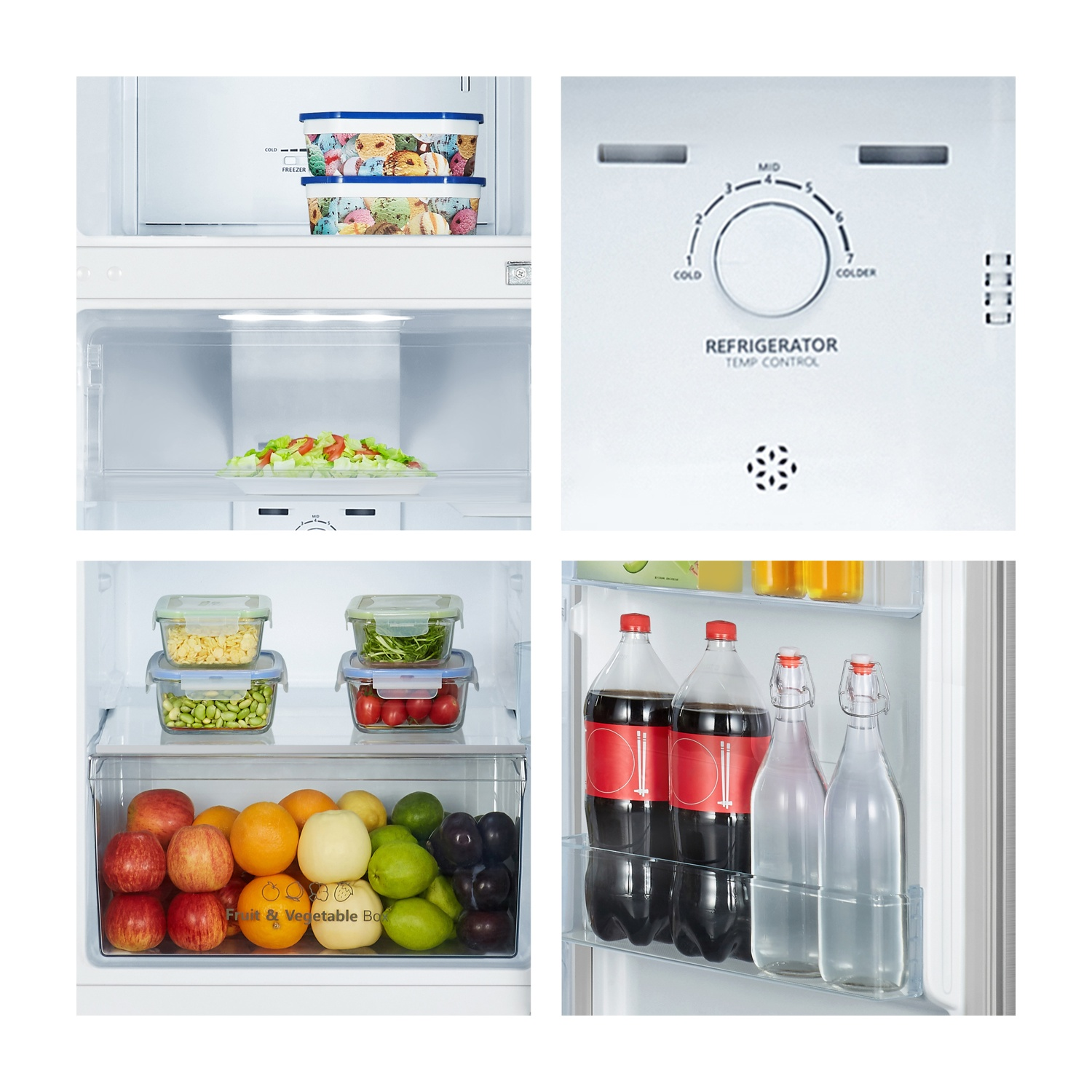L'interno di un frigorifero mostra alimenti come insalata, frutta, contenitori e bevande. È visibile anche un quadrante per il controllo della temperatura.