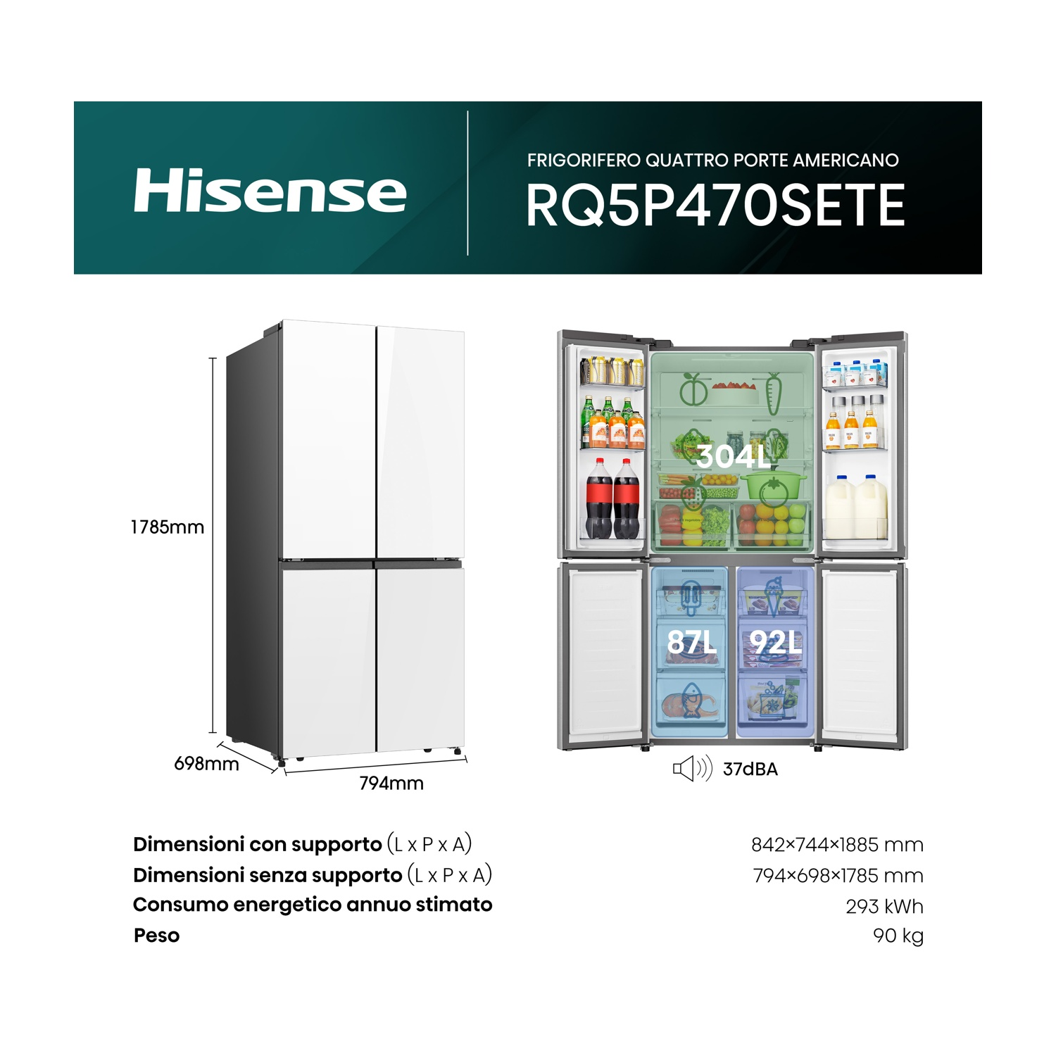 Frigorifero Hisense a quattro porte. Ha dimensioni, consumo energetico e dettagli sul peso. Il frigo aperto mostra alimenti.