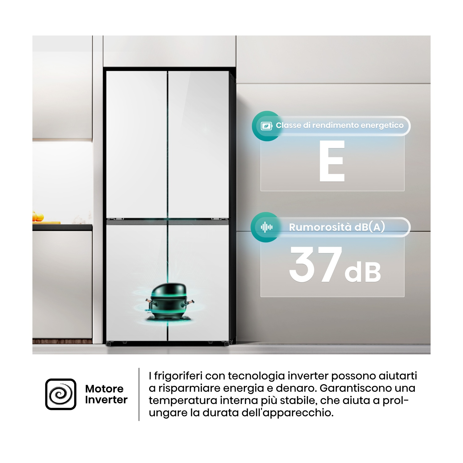 Frigorifero bianco con classe energetica E e livello di rumore 37dB. Illustrazione motore inverter e testo sul risparmio energetico.