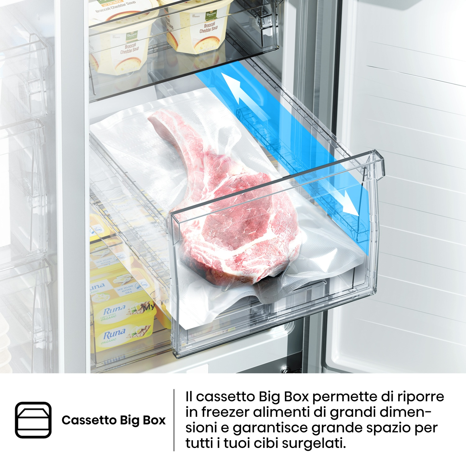 All'interno di un congelatore, un cassetto trasparente contiene una bistecca sottovuoto. Contenitori di zuppa e burro sullo sfondo.