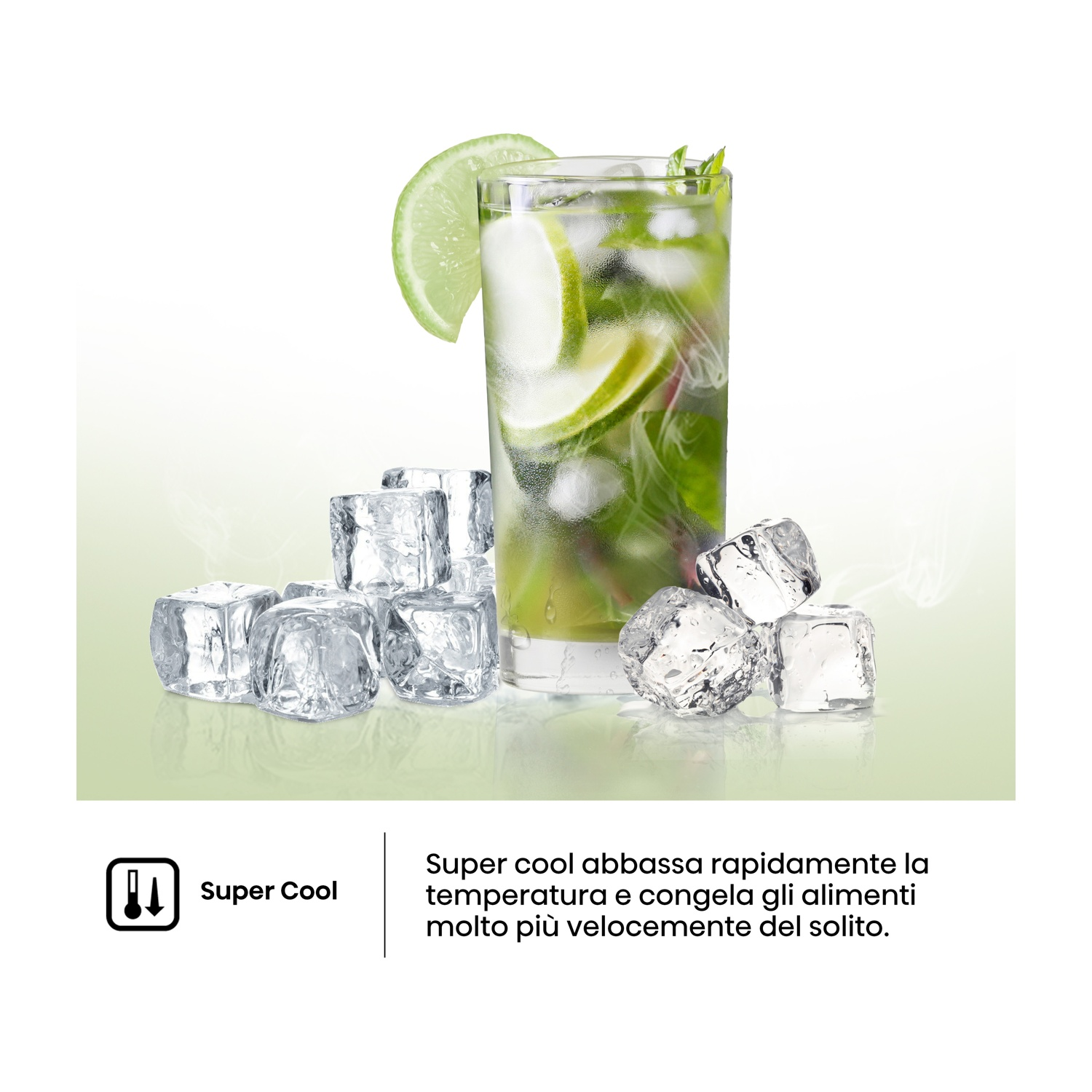 Un mojito in un bicchiere con cubetti di ghiaccio e fette di lime. Testo e logo Super cool in basso a sinistra.