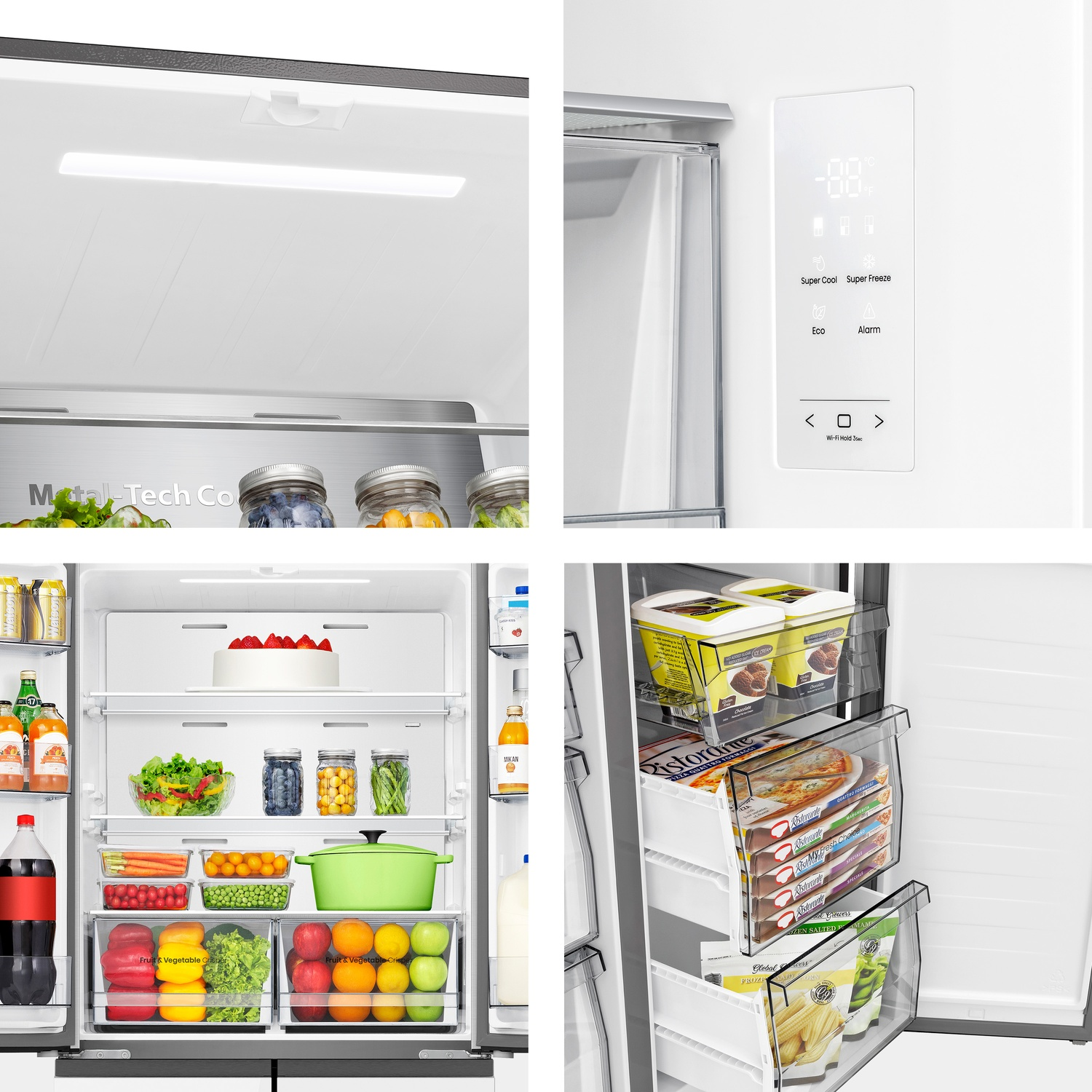 All'interno di un frigorifero: generi alimentari, ripiani e comandi sulla porta. Include frutta, verdura e altri alimenti.