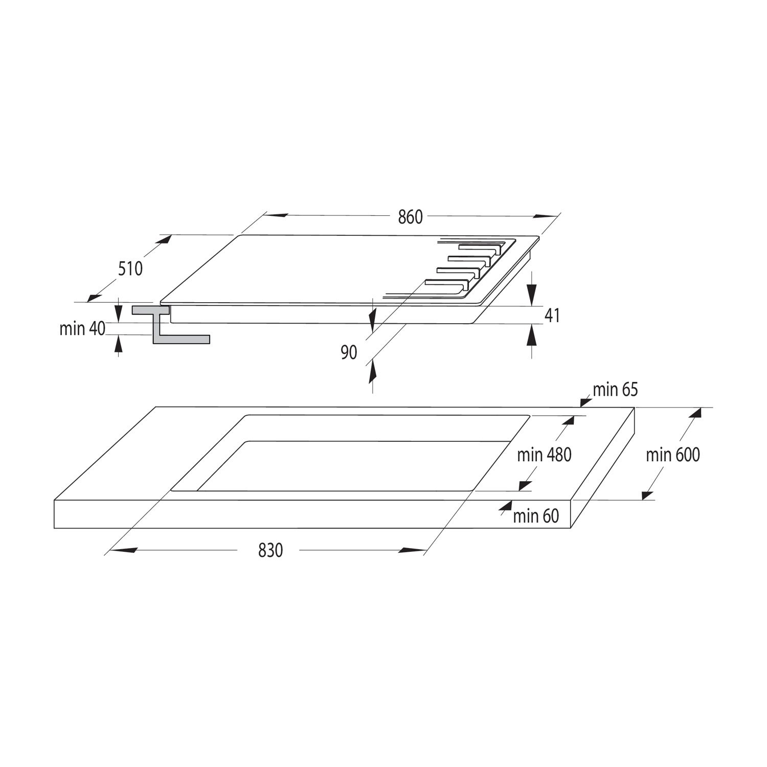 Diagramma di un piano cottura con dimensioni in millimetri. Mostra viste dall'alto e laterali, con misure di lunghezza, larghezza e altezza.