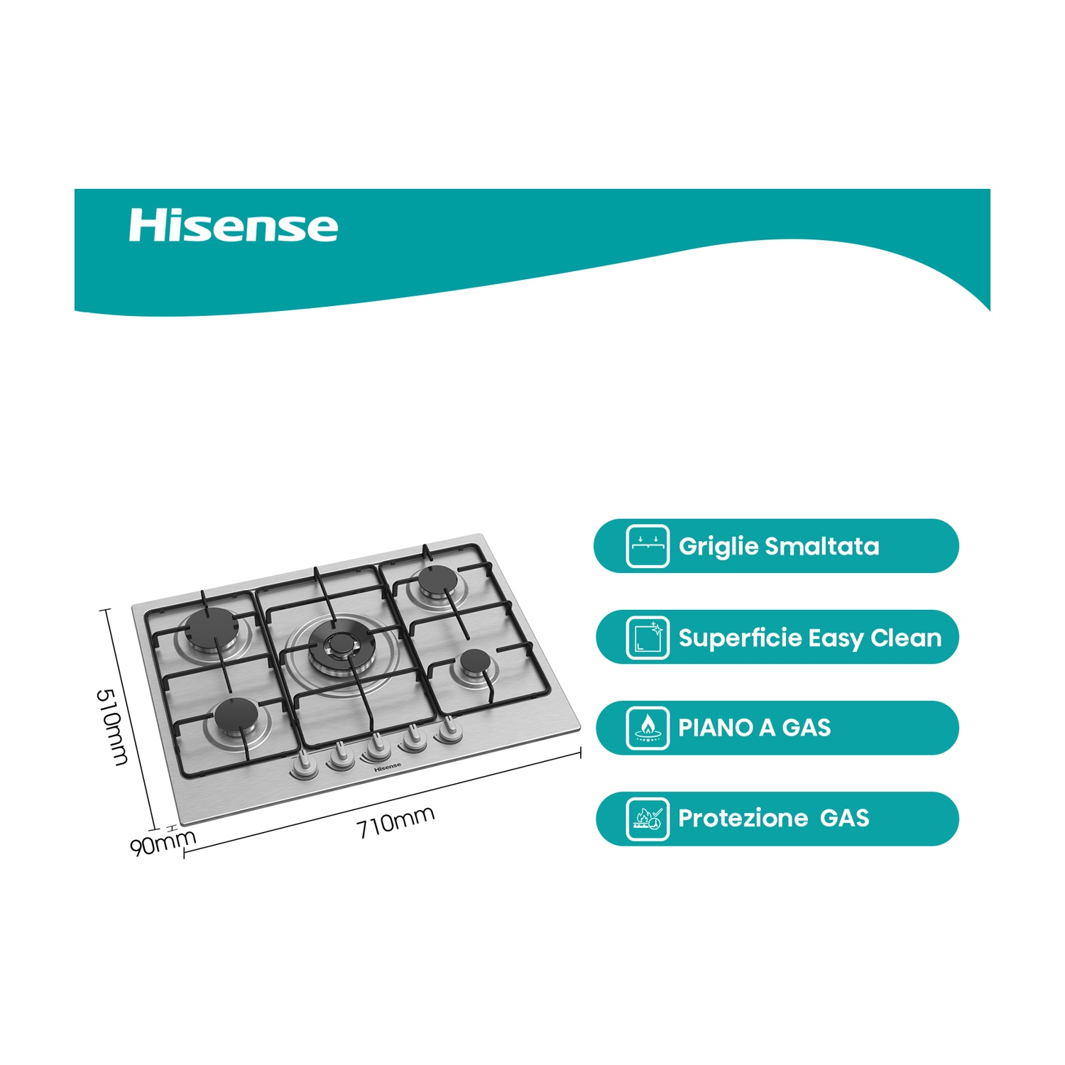 È presente un piano cottura a gas Hisense. È argentato, ha cinque bruciatori e dimensioni etichettate. Le caratteristiche includono griglie smaltate e superficie facile da pulire.