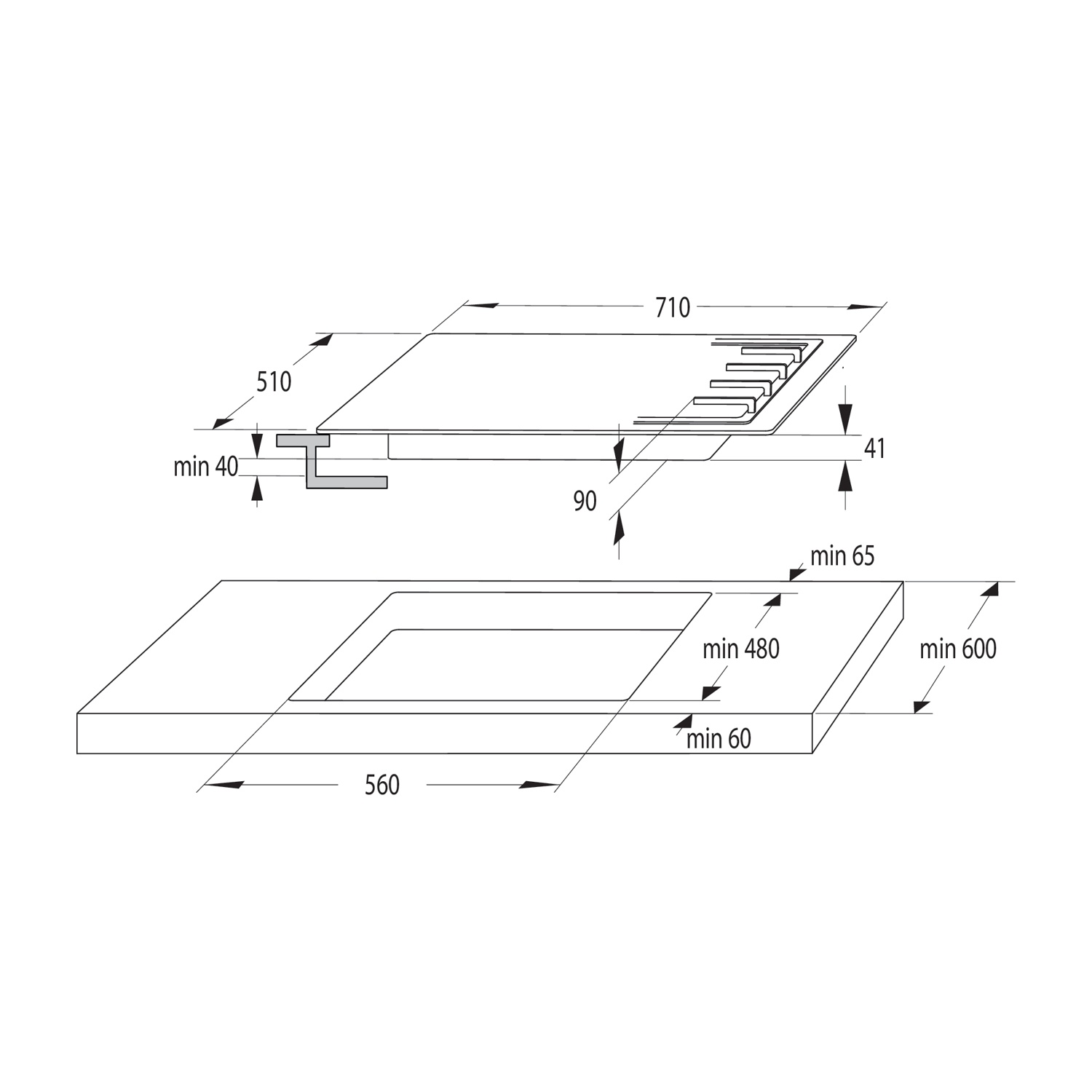 Diagramma di un piano cottura con dimensioni. Il piano cottura è rettangolare con misure in millimetri, inclusi lunghezza, larghezza e profondità.