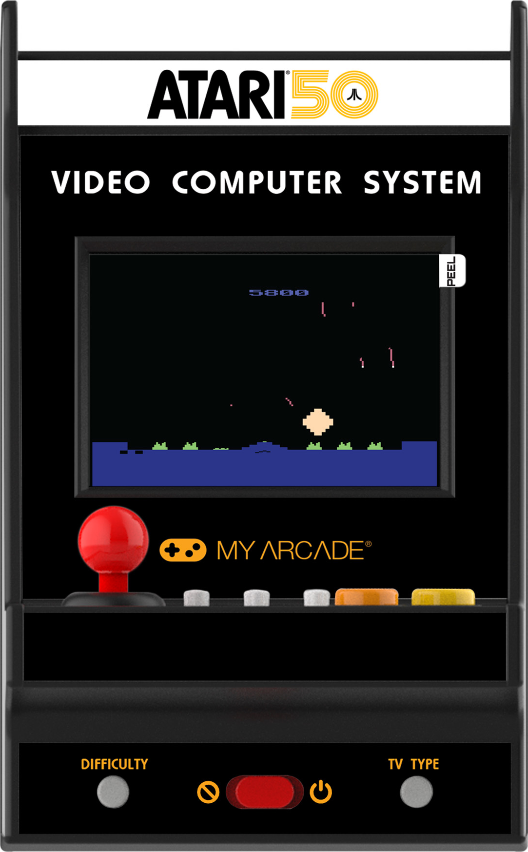 Borne d'arcade avec logo Atari 50. L'écran affiche un jeu pixélisé. Joystick et boutons rouges. Commandes de difficulté et de type de téléviseur.