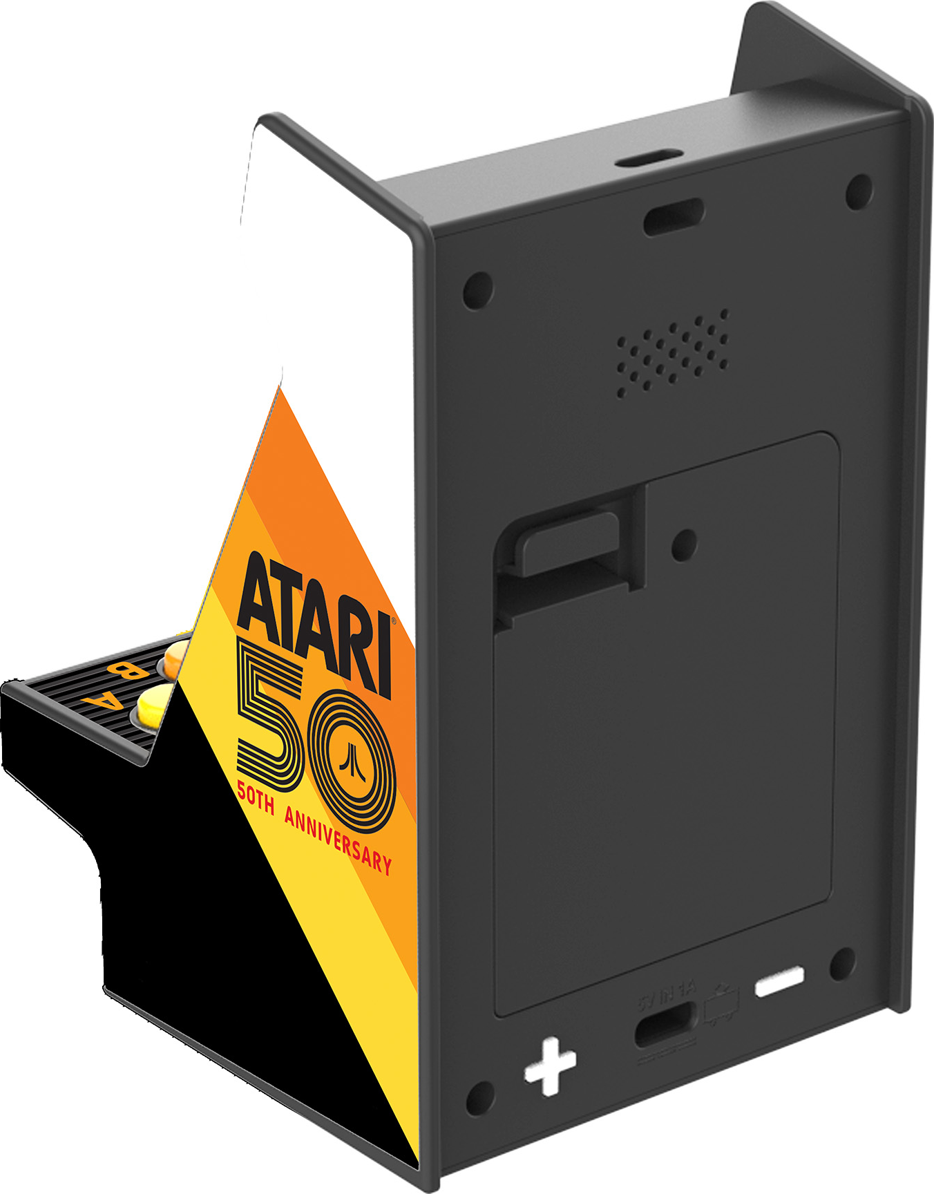 Mini-borne d'arcade. Corps noir et blanc, avec des rayures orange, jaune et noir. Logo du 50e anniversaire d'Atari.