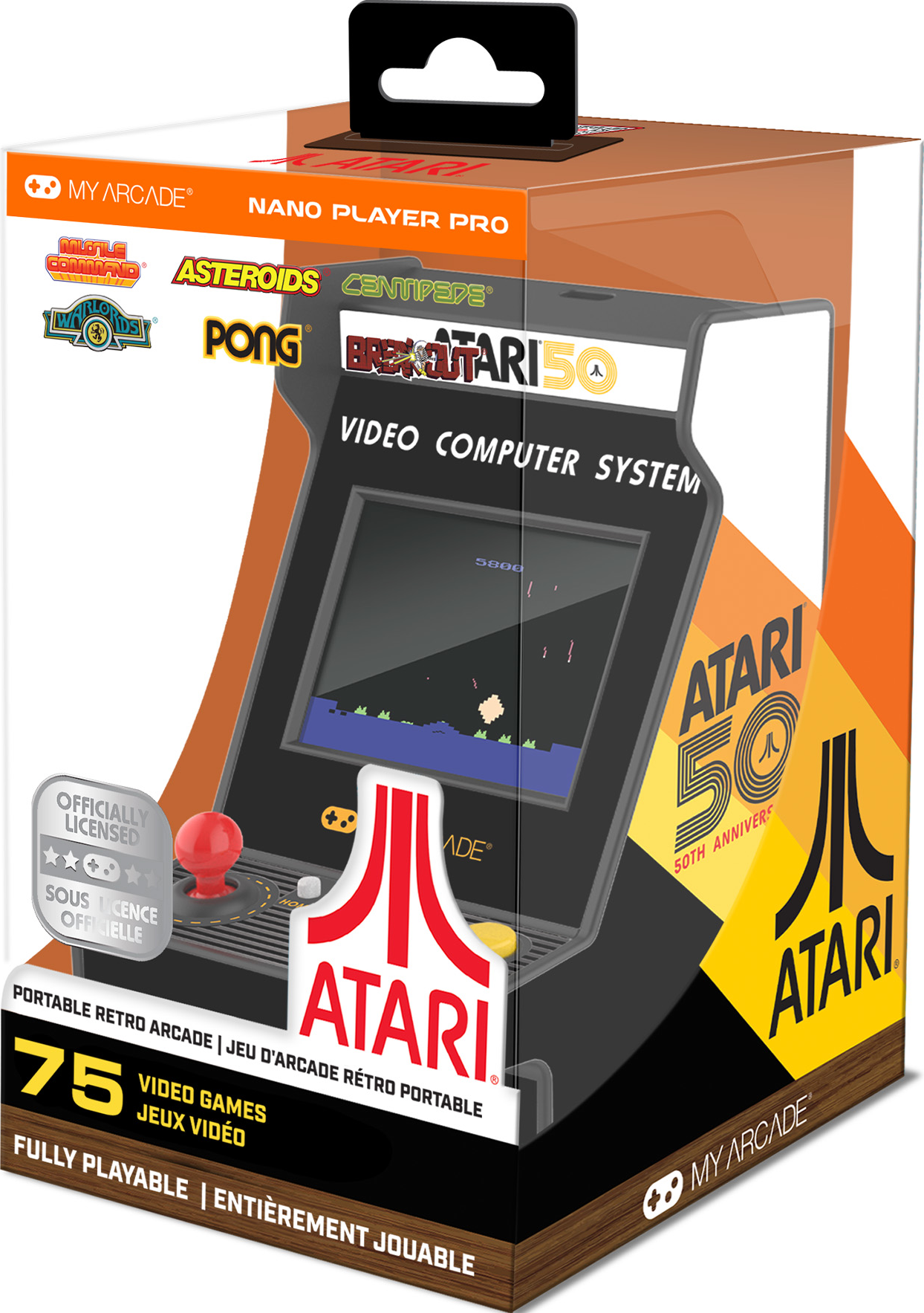 Une boîte affiche un mini jeu d'arcade. L'arcade a un écran montrant un jeu. Il est écrit Atari 50e anniversaire. Joystick rouge.