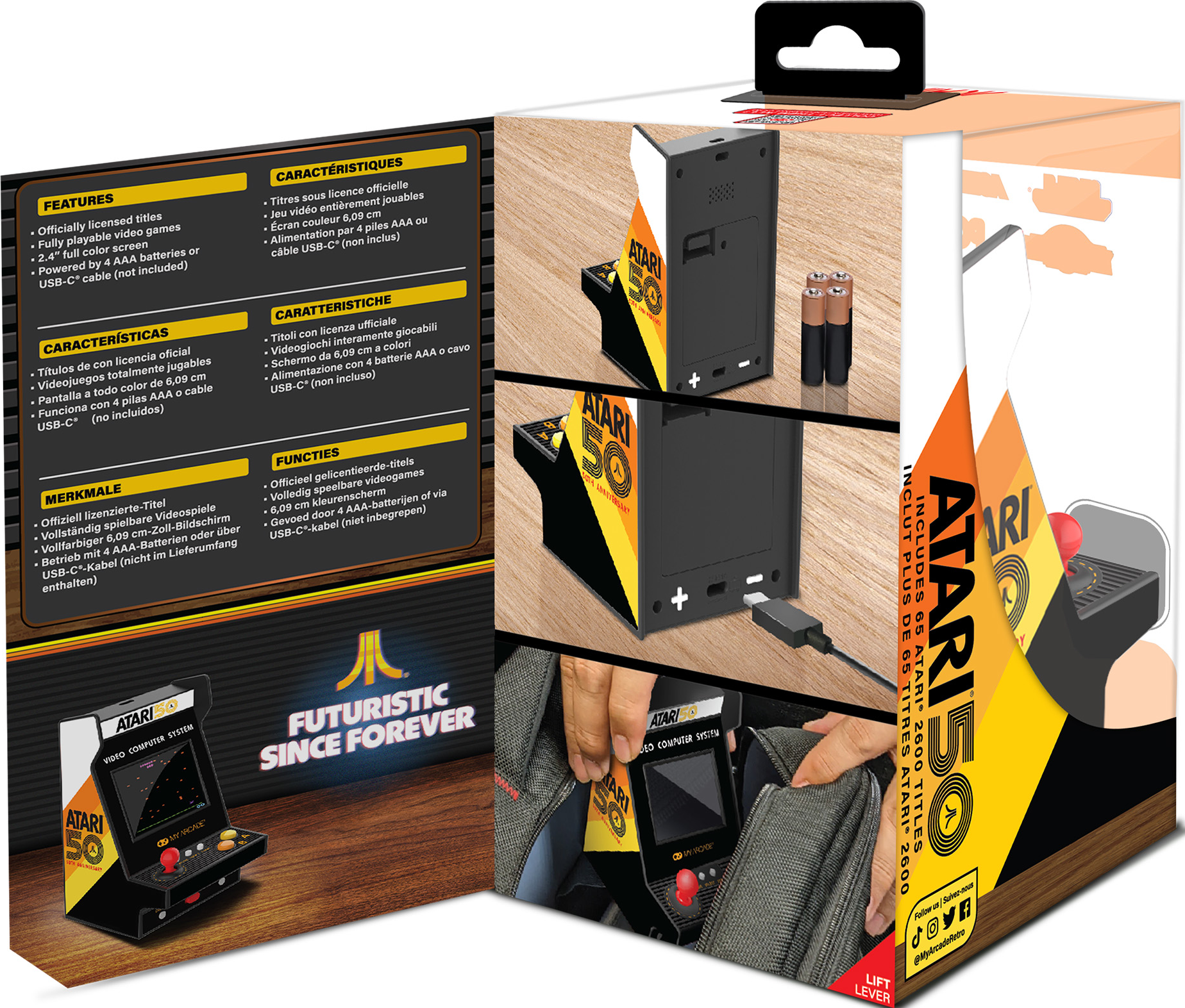 Boîte avec une mini console de jeu d'arcade. Elle a un corps noir, des détails jaunes et un logo Atari 50.
