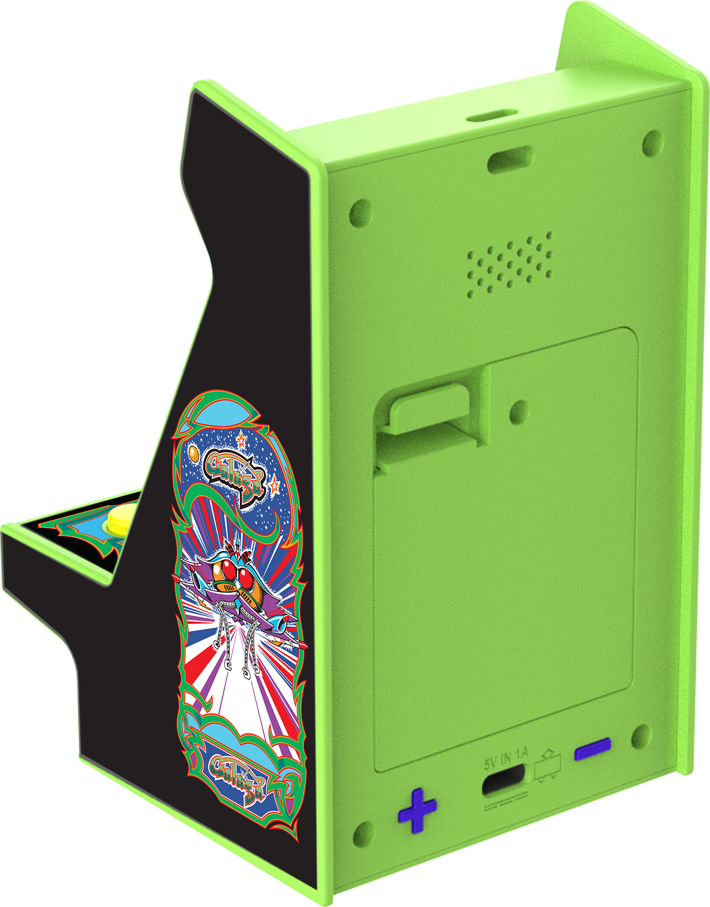 Une mini-borne d'arcade verte avec un panneau latéral noir présentant un graphisme coloré de jeu de tir spatial. Inclut des boutons et un écran.