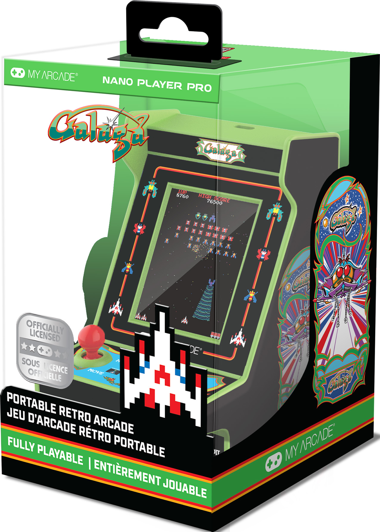 Boîte d'un jeu d'arcade Galaga. Elle montre le jeu, le joystick et les détails de l'arcade rétro portable.