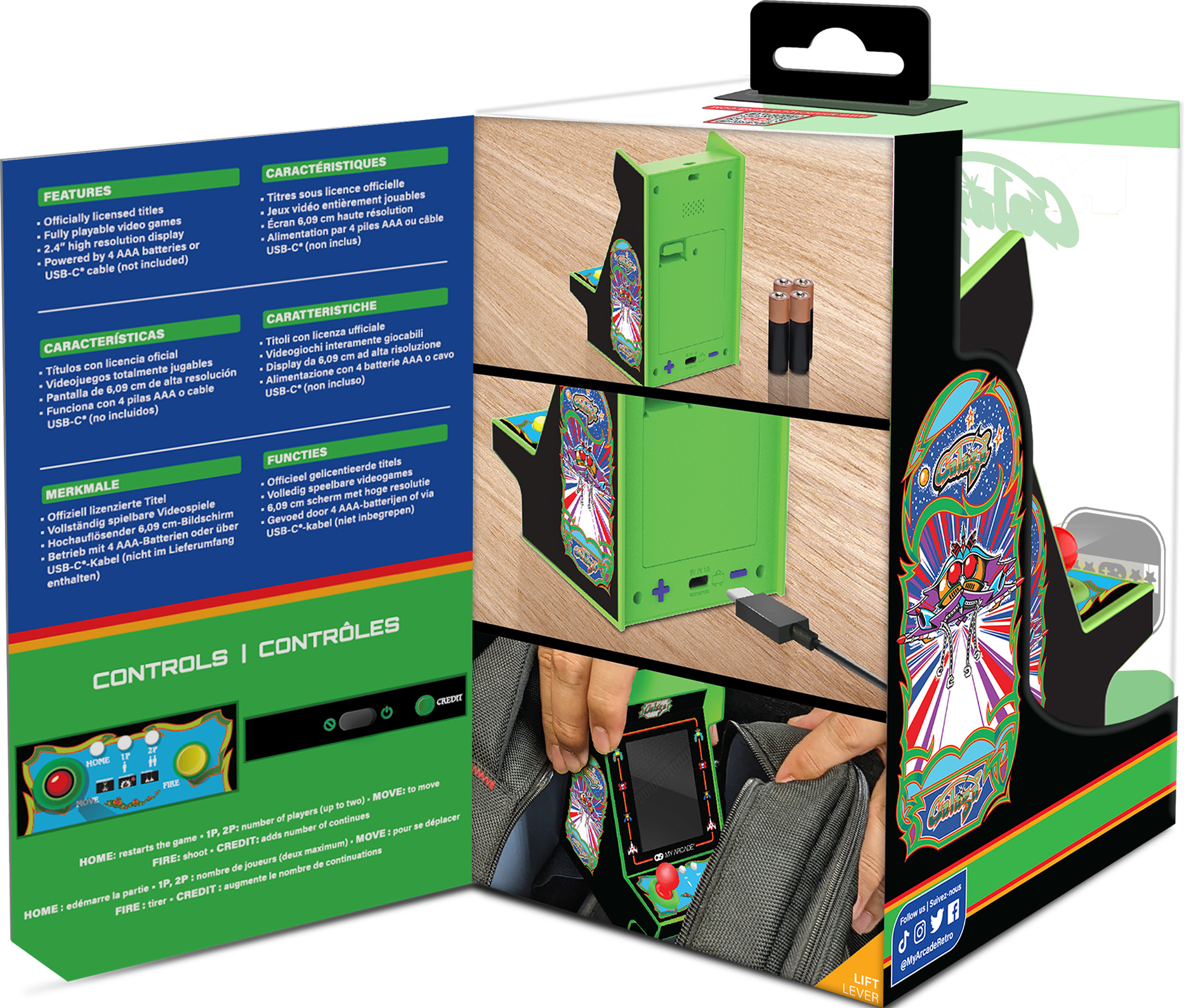 Mini borne d'arcade verte avec écran de jeu, piles et câble USB-C. La boîte montre les caractéristiques et les commandes.
