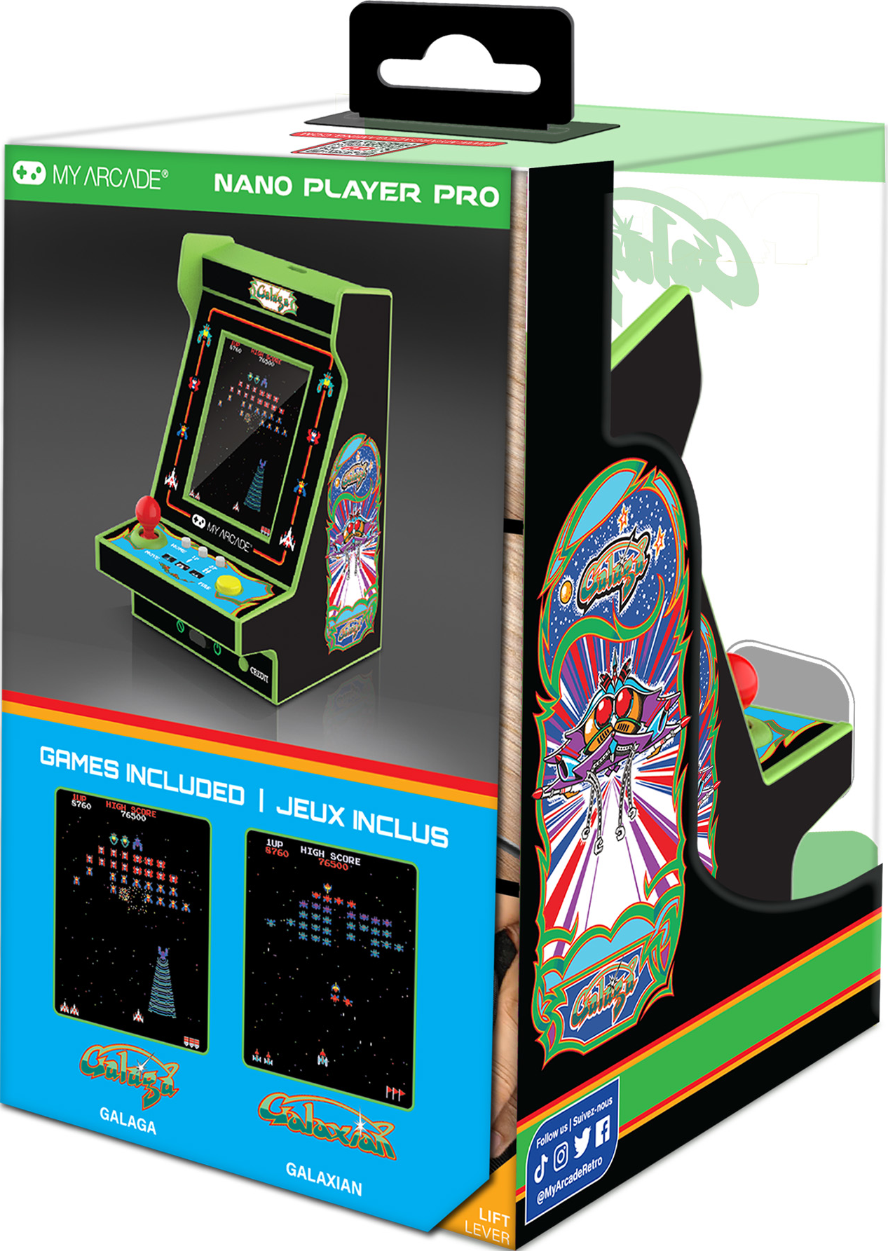 Jeu d'arcade en boîte avec écran montrant un jeu de vaisseau spatial. Comprend Galaga et Galaxian. La boîte a une poignée noire et des détails verts.