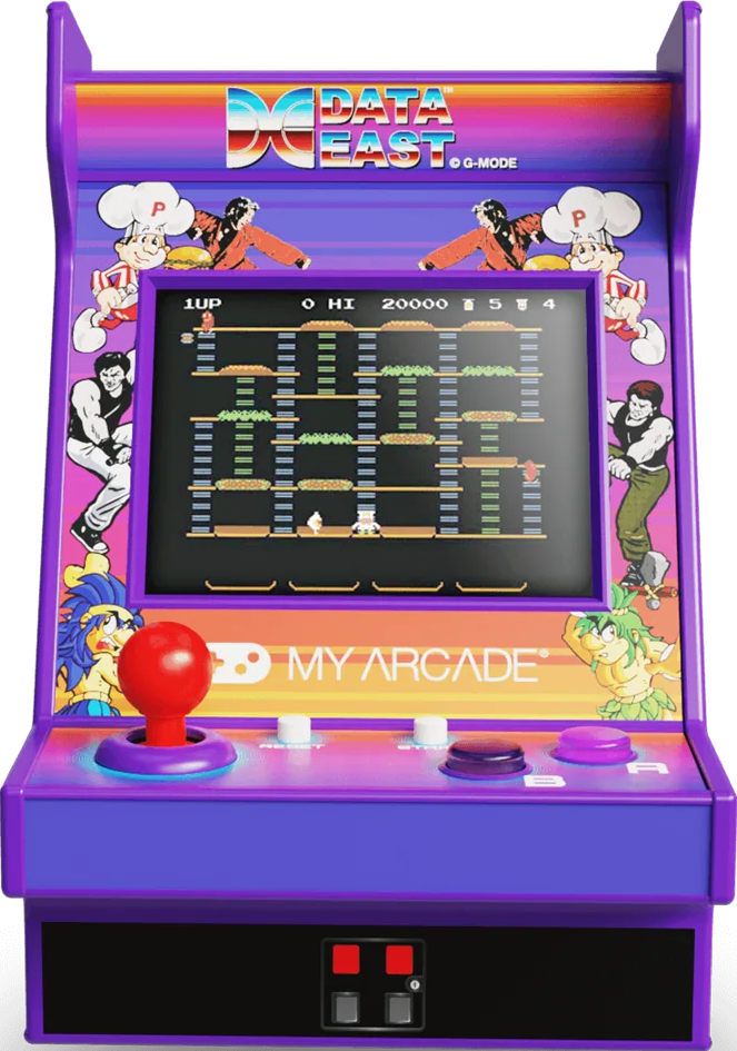 Mini-borne d'arcade avec écran de jeu. Elle possède un joystick, des boutons et la marque Data East.