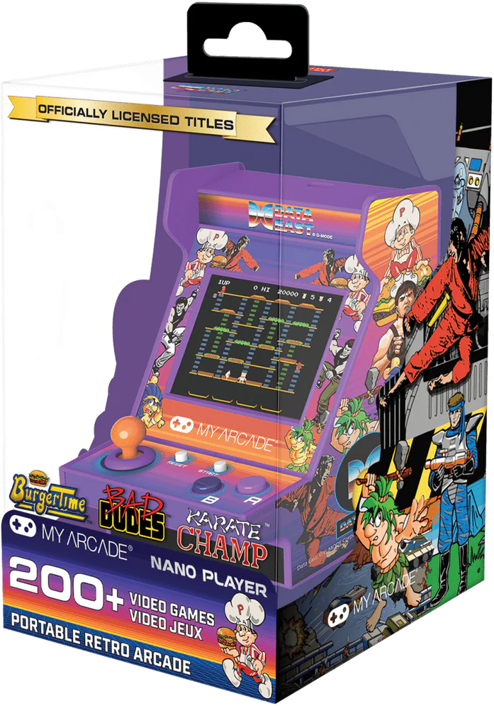Une boîte violette My Arcade Nano Player. Elle annonce plus de 200 jeux, avec 'Bad Dudes' et 'Karate Champ', et un logo 'Burger Time'.