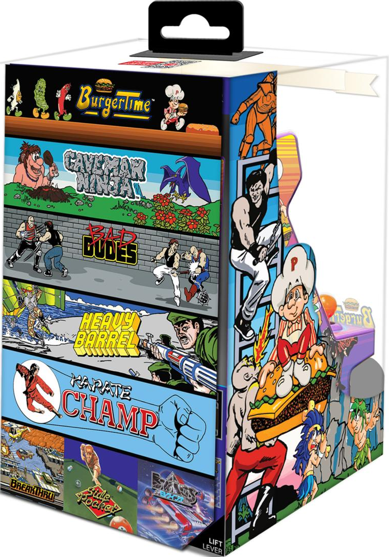 Une boîte présentant des illustrations de jeux d'arcade. Des jeux comme BurgerTime, Caveman Ninja et Bad Dudes sont montrés avec divers personnages et scènes.