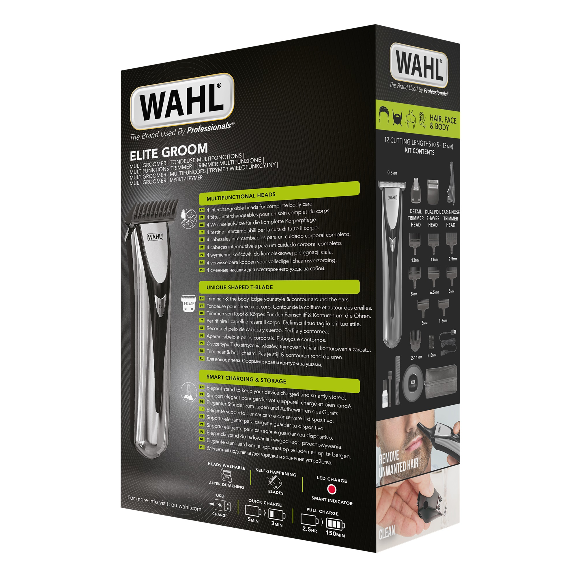 Wahl Elite Groom doboz. A trimmert, a tartozékokat és a funkciókat mutatja, mint a fejek, töltés.