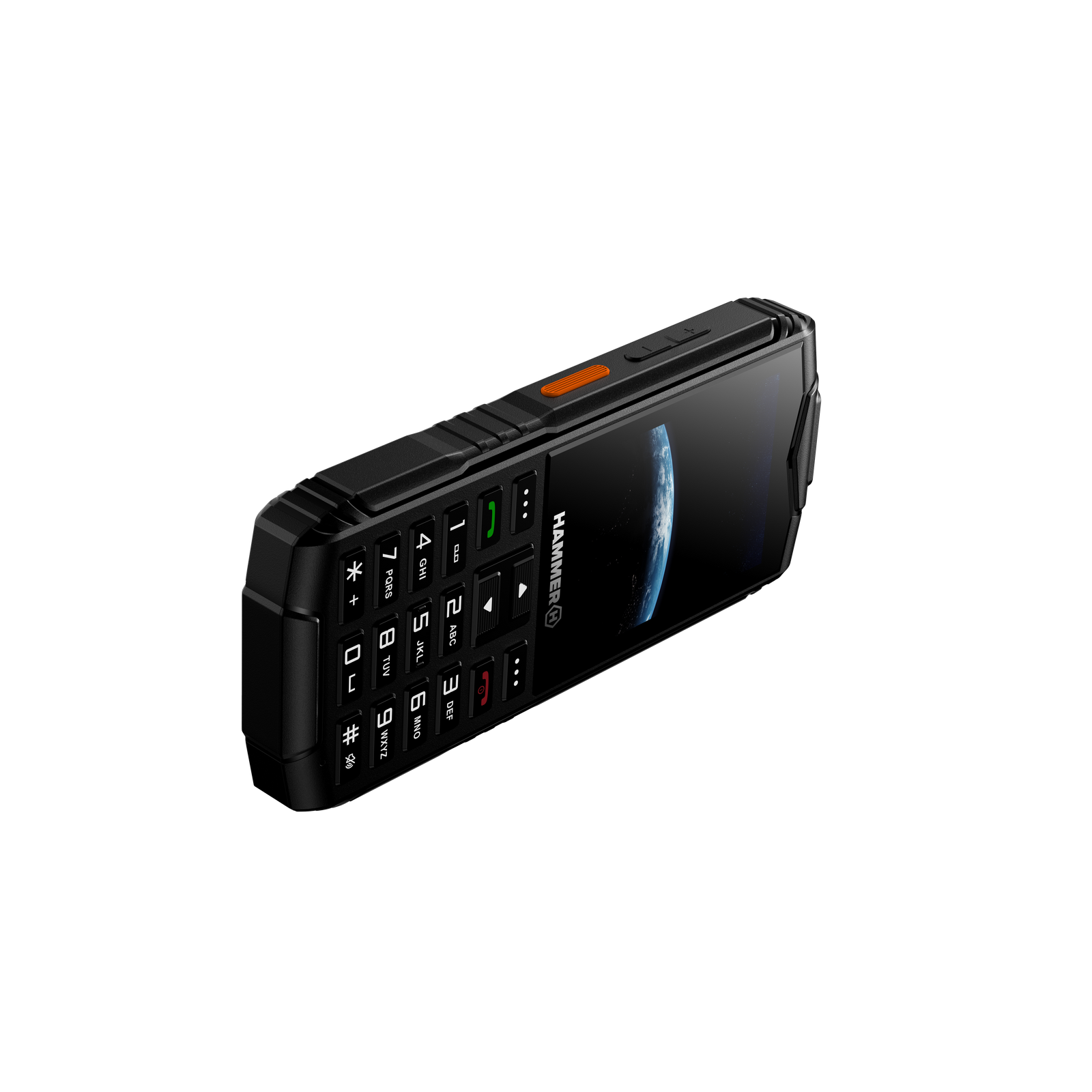 Fekete Hammer telefon szürke háttérrel. Numerikus billentyűzete és a bolygót mutató képernyője van.