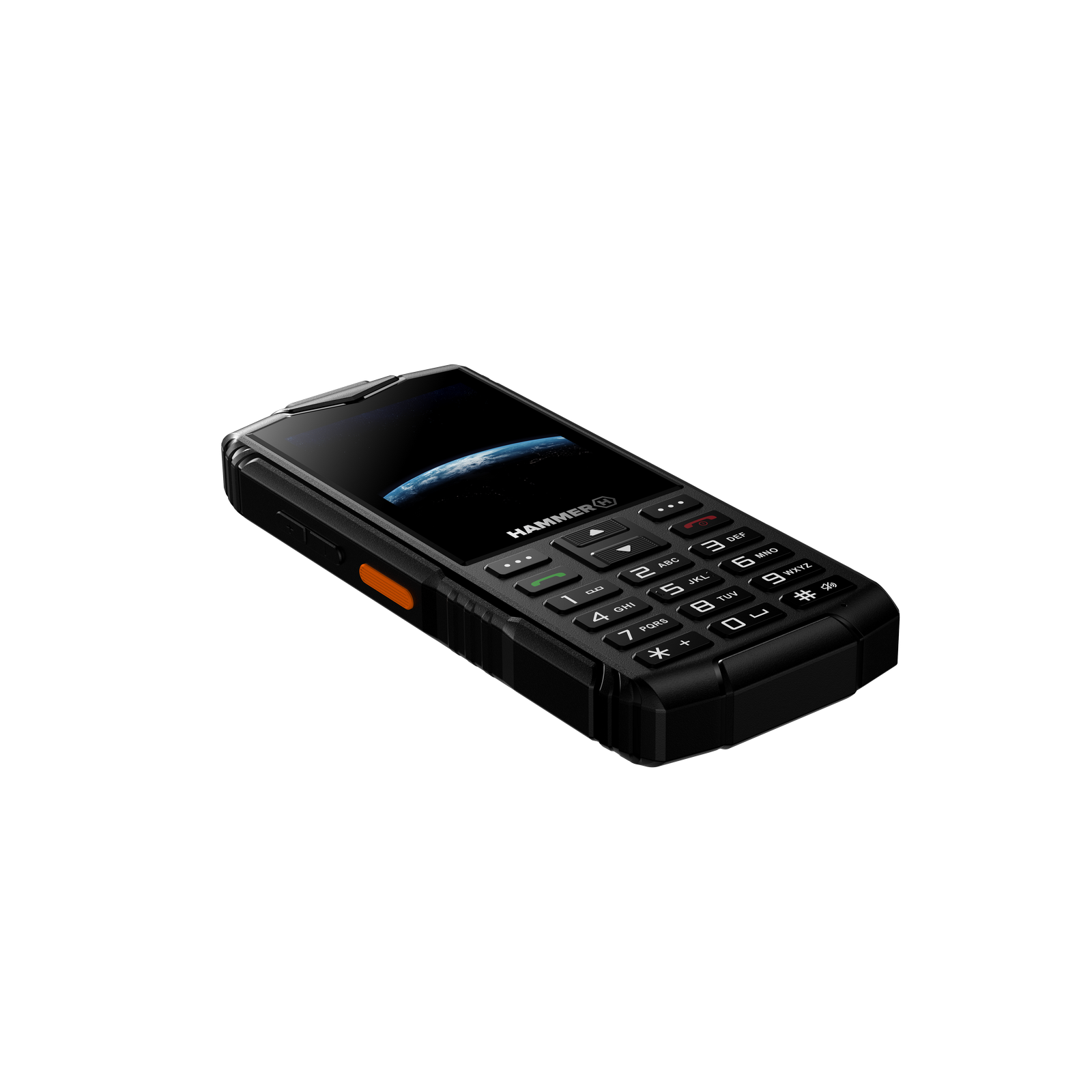 Fekete, robusztus telefon, Földet mutató képernyővel. Narancssárga gombja és számbillentyűzete van.
