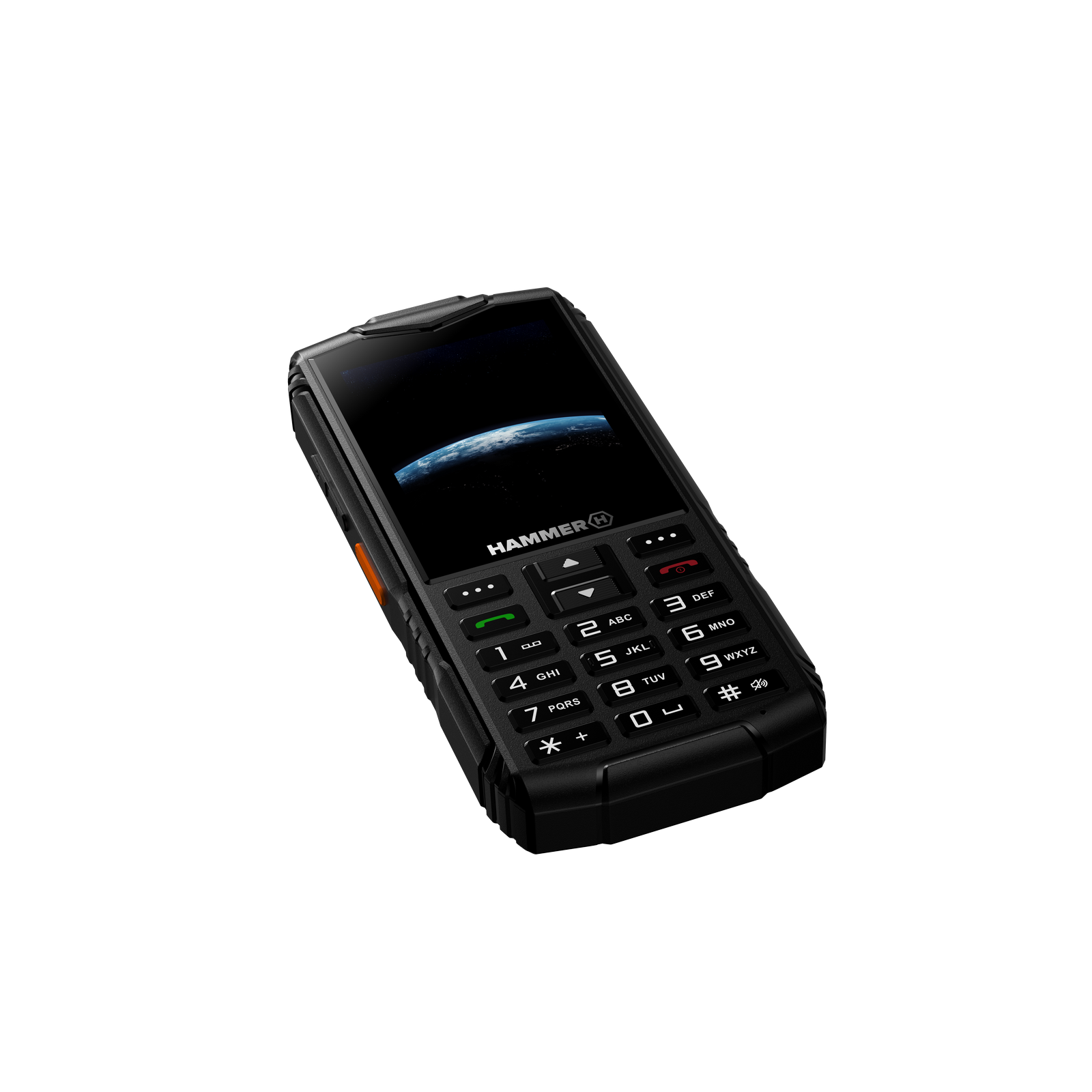 Egy fekete-narancssárga Hammer telefon szürke háttér előtt, ferdén. A képernyő a Földet mutatja az űrben.