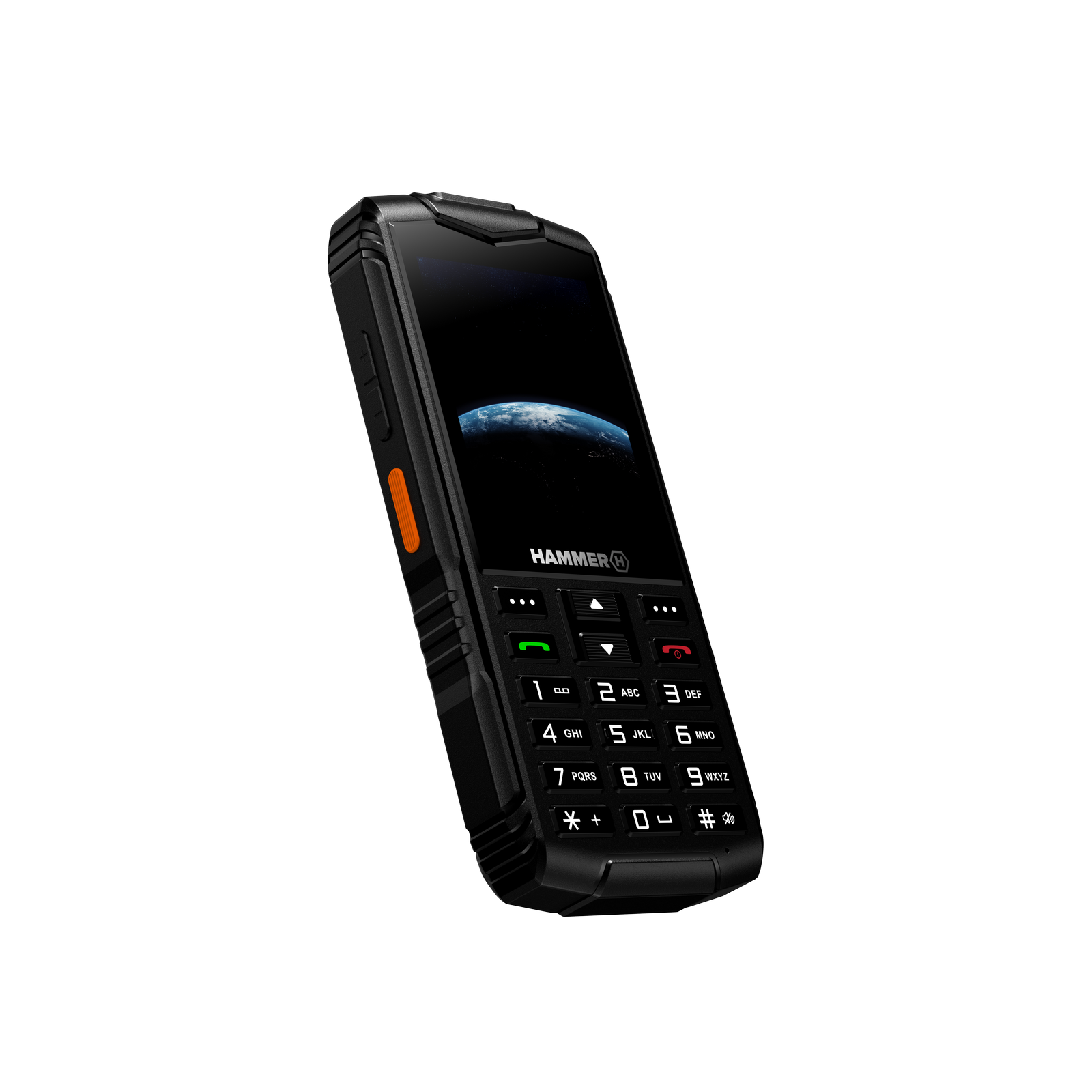 Fekete HAMMER telefon narancssárga oldalsó gombbal. A képernyőn egy Föld képe, billentyűzet látható.