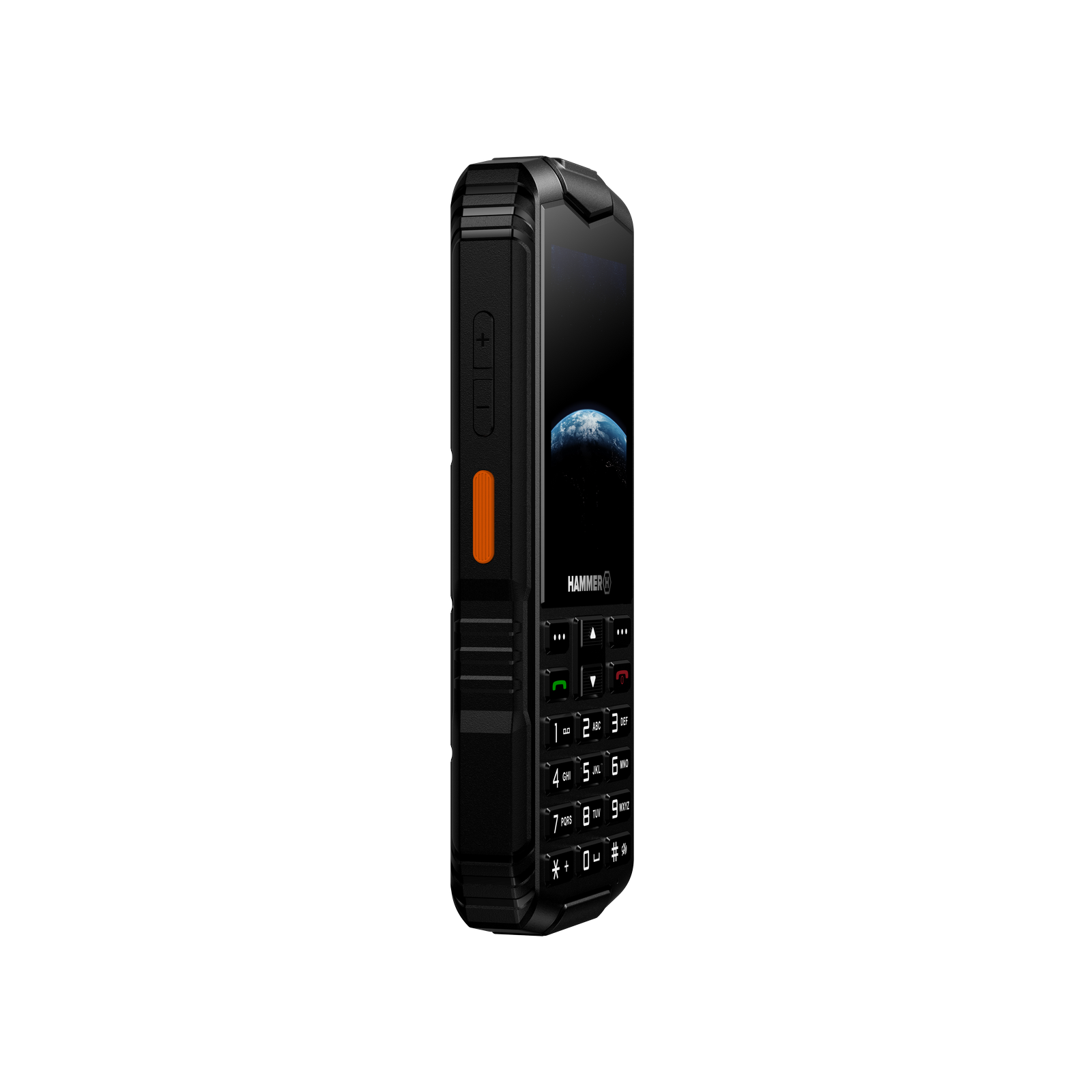 Egy fekete Hammer telefon látható, a Föld képével. Az oldalon hangerő gombok találhatók.