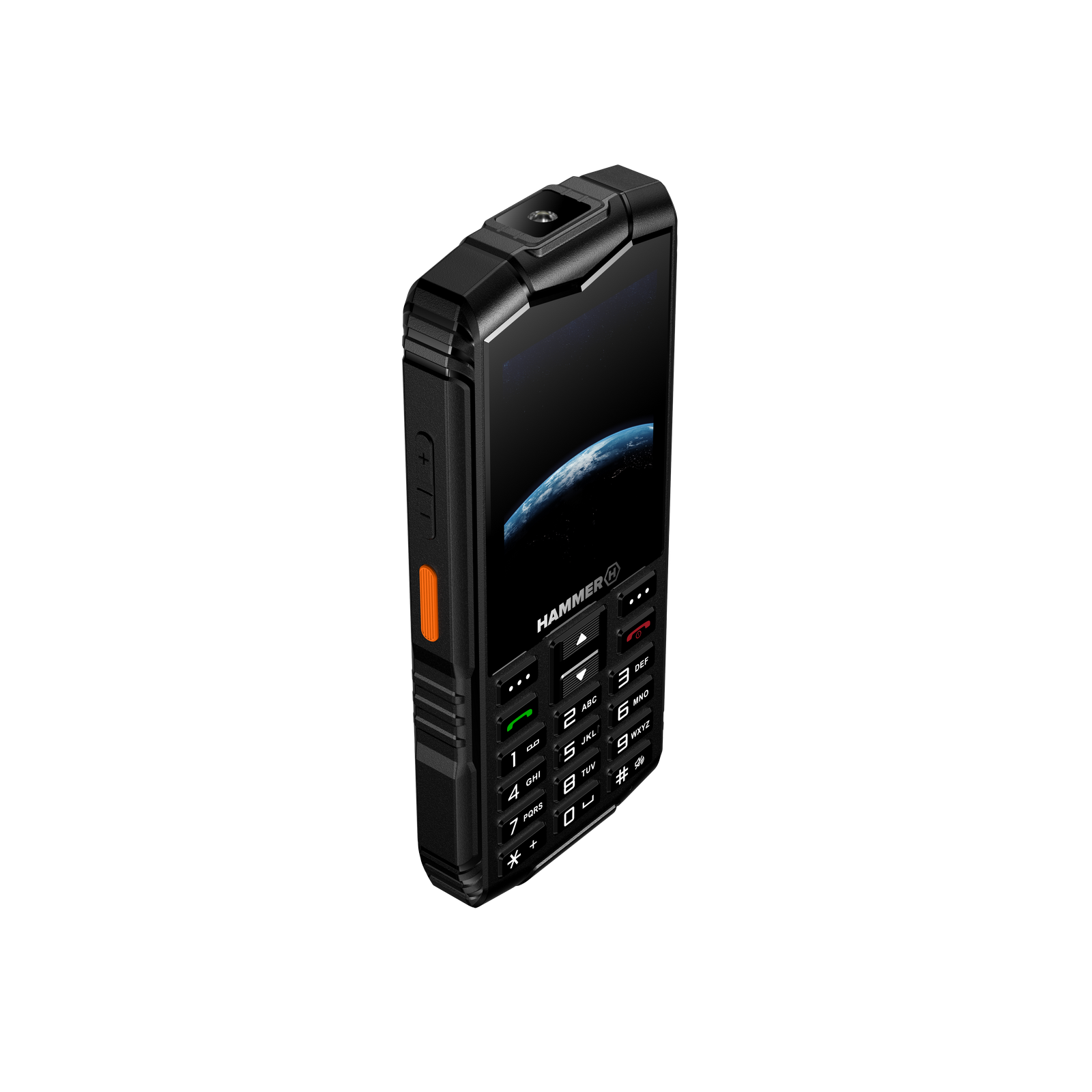 Fekete Hammer telefon narancssárga betéttel, kamerával és billentyűzettel szürke háttéren. A képernyő bolygó nézetet mutat.