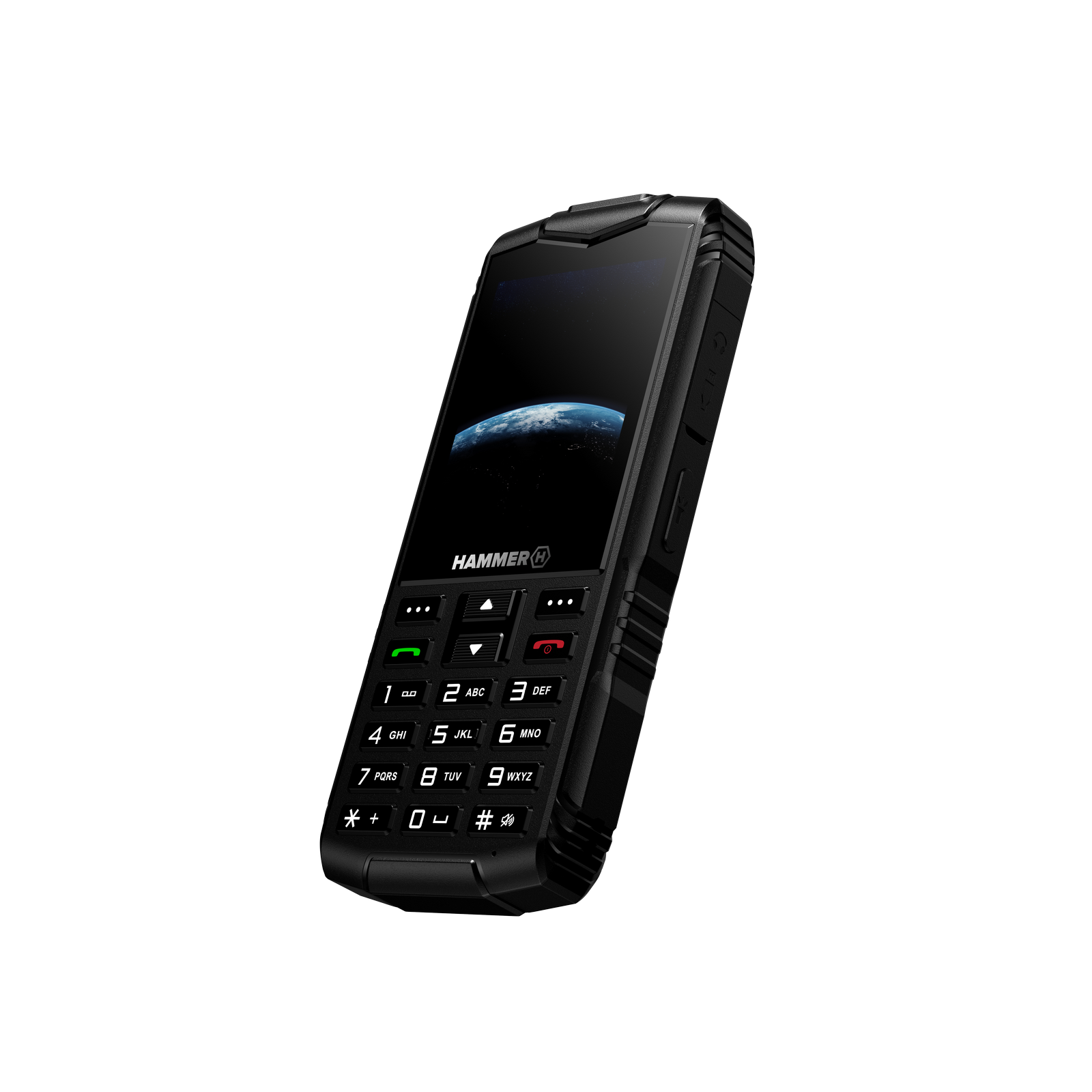 Fekete Hammer telefon. A kijelző a Földet mutatja. A billentyűzeten számok és szimbólumok vannak. Gombok az oldalon. Szürke háttér.
