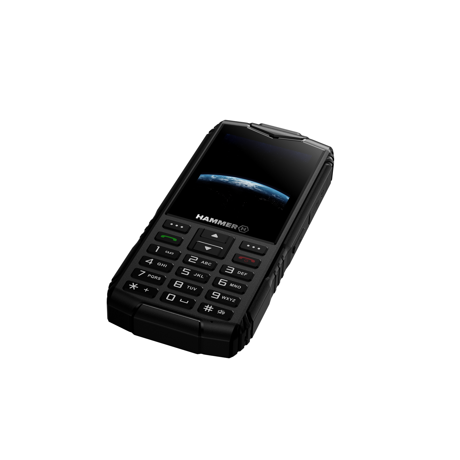 Egy fekete HAMMER telefon Föld képet jelenít meg. Fizikai gombokkal és strapabíró dizájnnal rendelkezik. Szürke háttér.