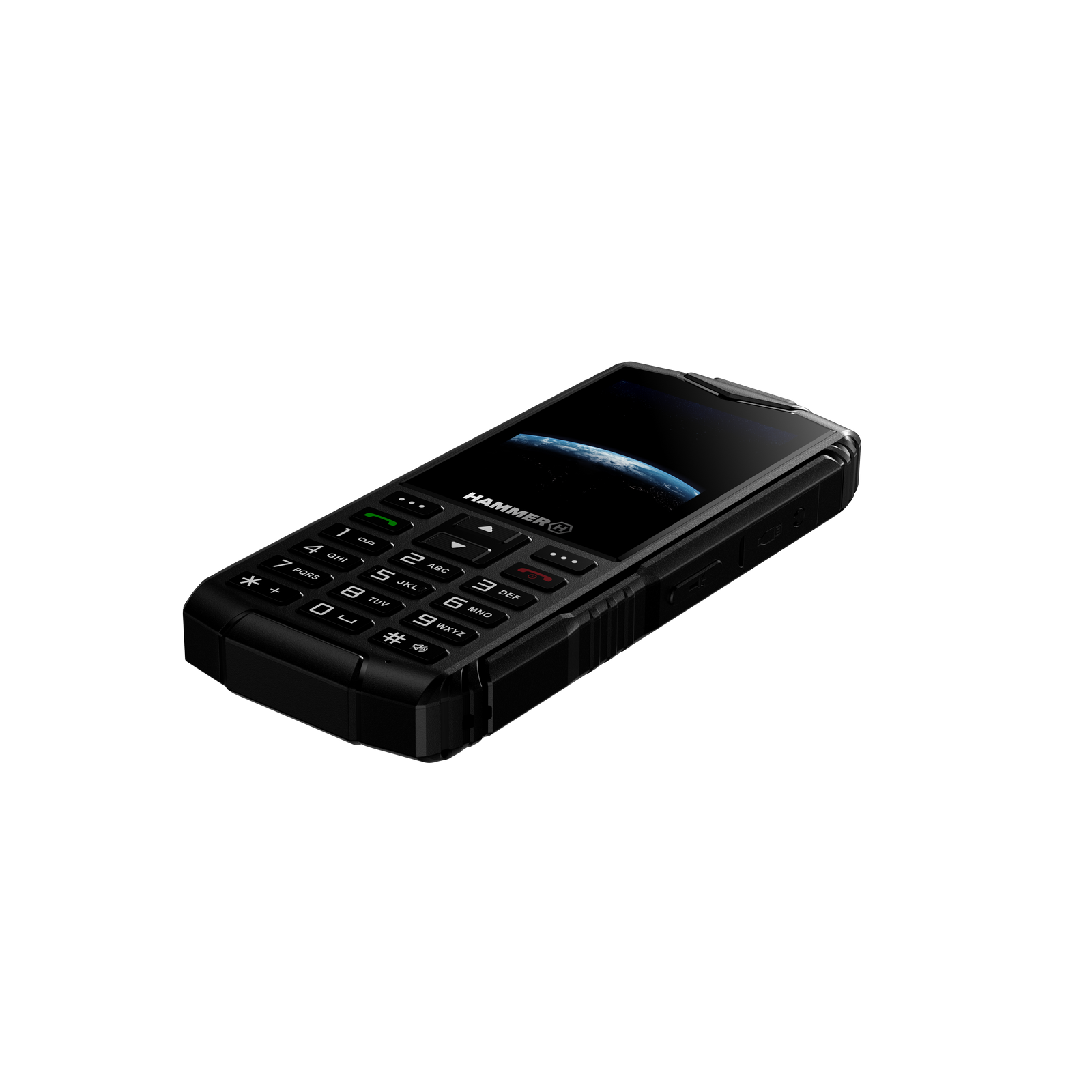 Egy fekete Hammer telefon látható. Van egy képernyője, amely a Földet mutatja. Van egy billentyűzete. A háttér szürke.