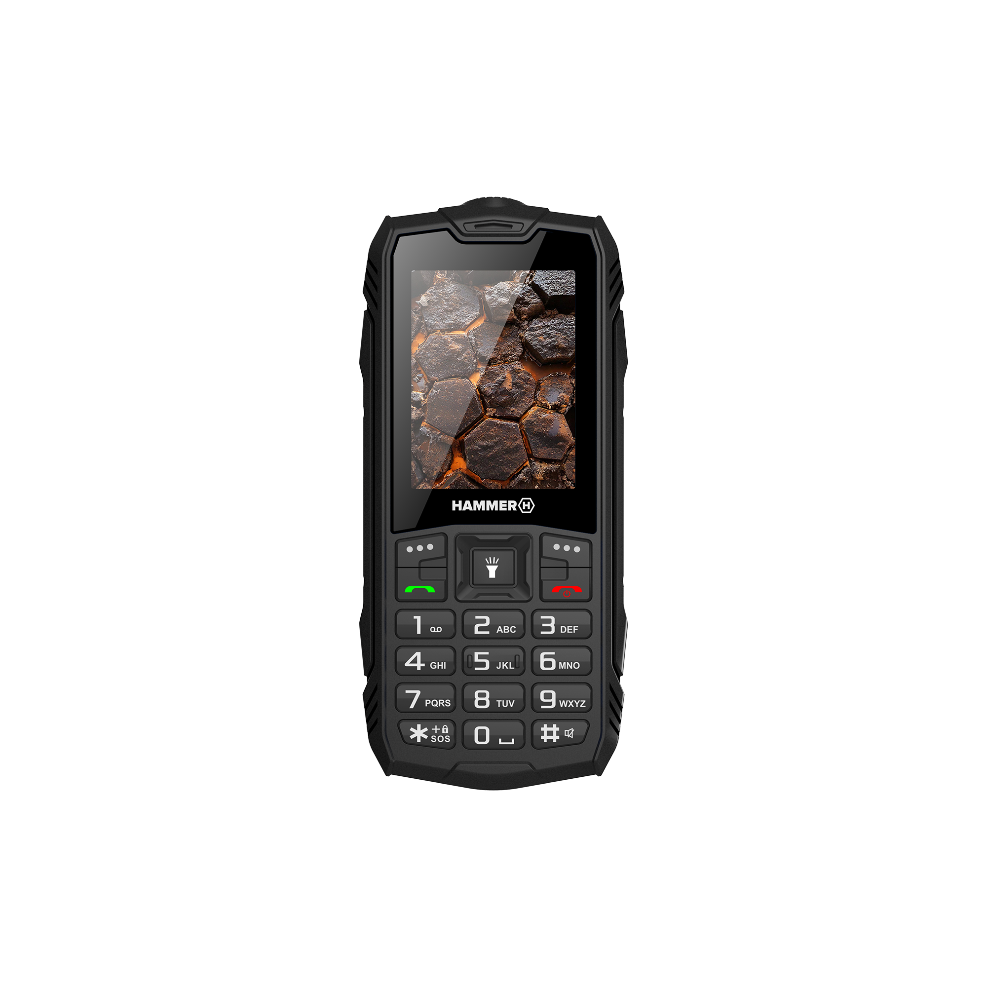 Egy fekete Hammer telefon, amelynek képernyőjén sziklás felület látható. Van rajta billentyűzet és gombok.