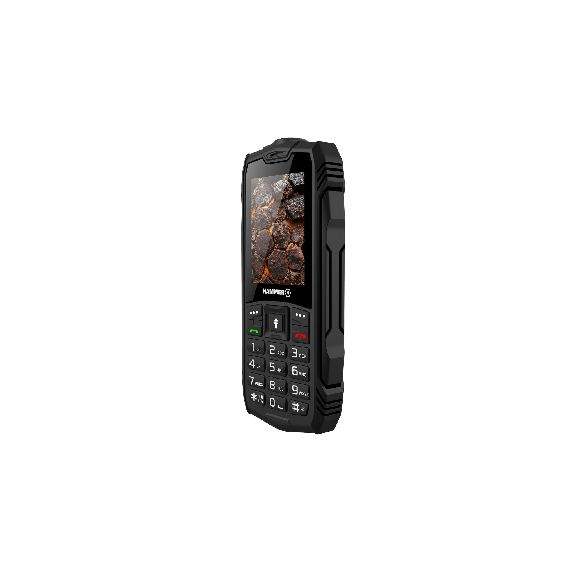 Fekete Hammer telefon szürke háttérrel. A képernyő sziklákat mutat. Billentyűzet látható. Robusztus dizájn.