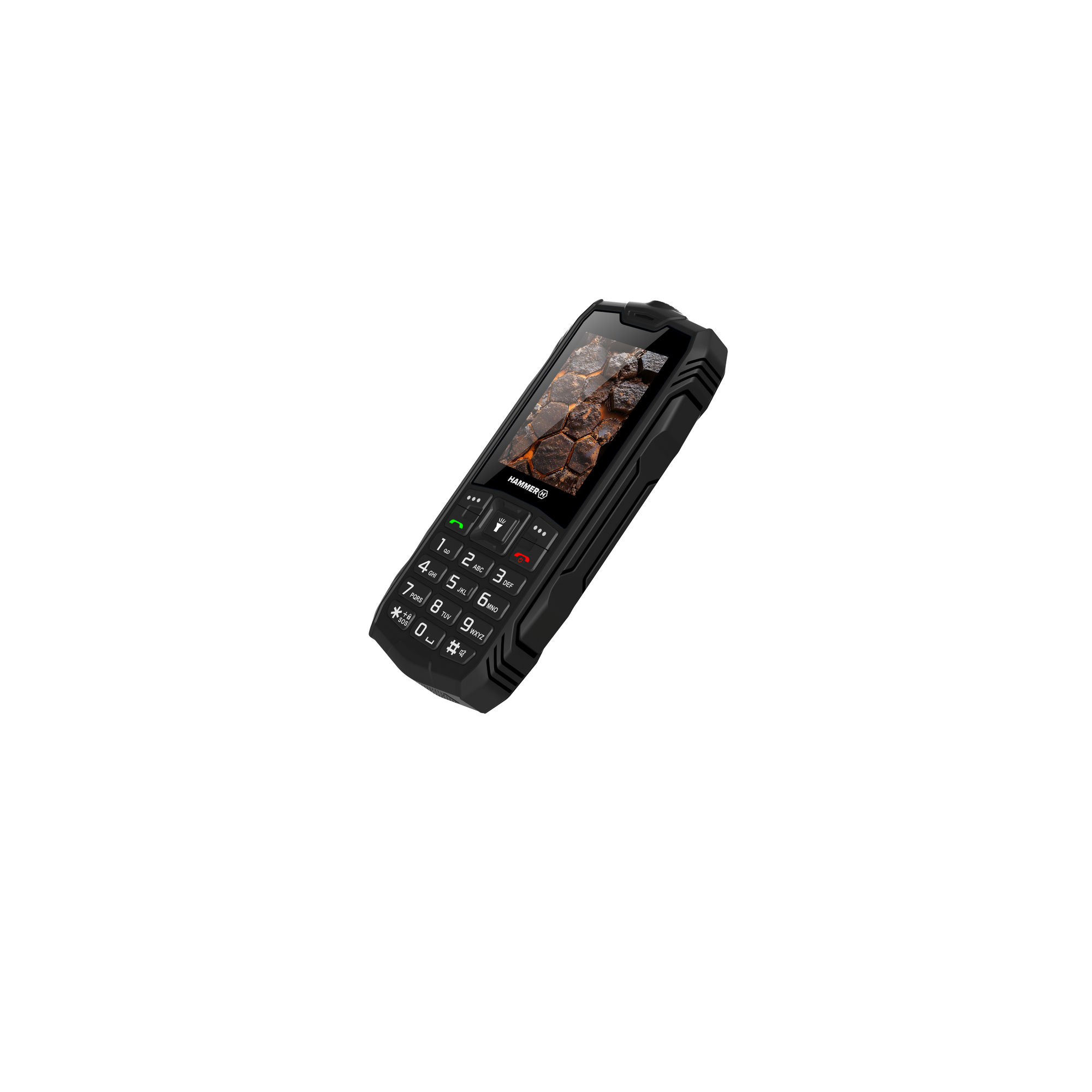 Fekete Hammer telefon szürke háttérrel. Sziklás textúrájú képernyővel és számokkal, szimbólumokkal ellátott billentyűzettel rendelkezik.