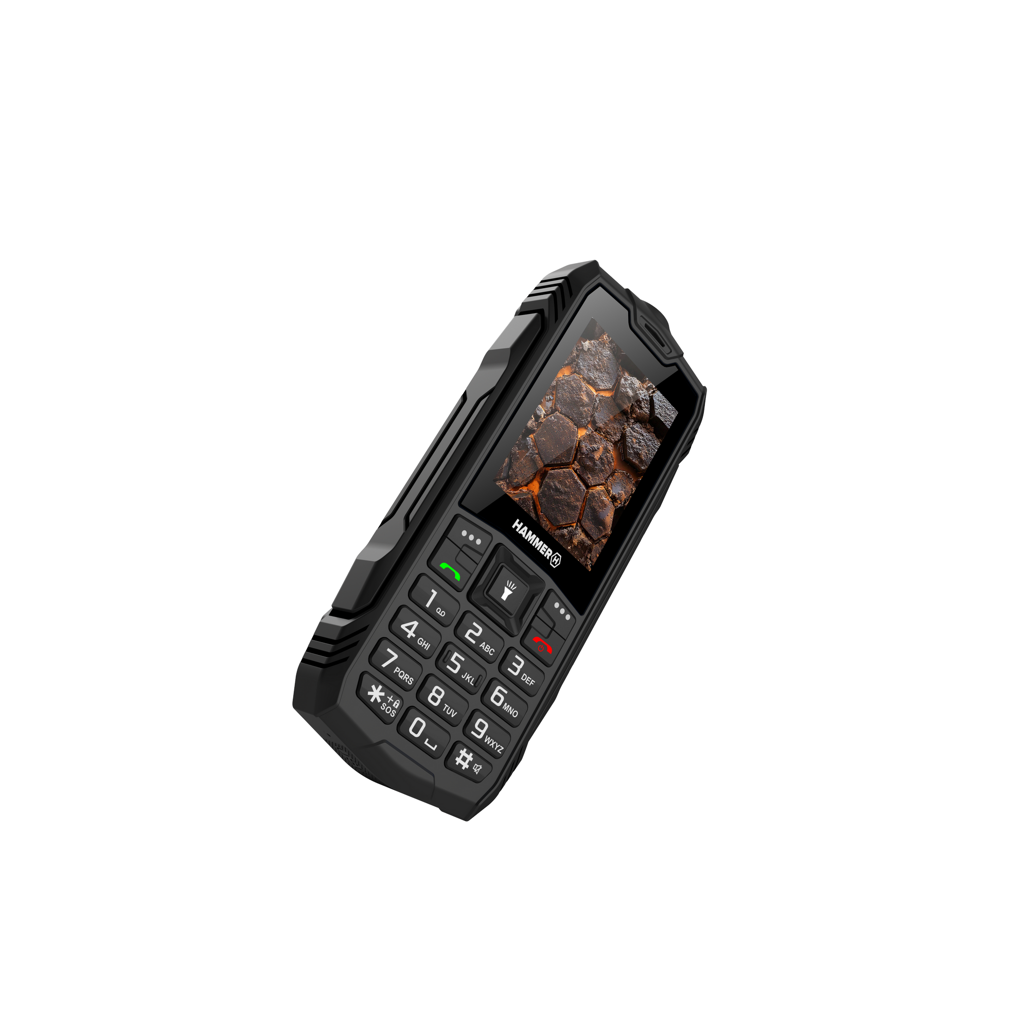 Egy fekete HAMMER telefon, texturált képernyővel, lávaszerű képpel, szürke háttér előtt.