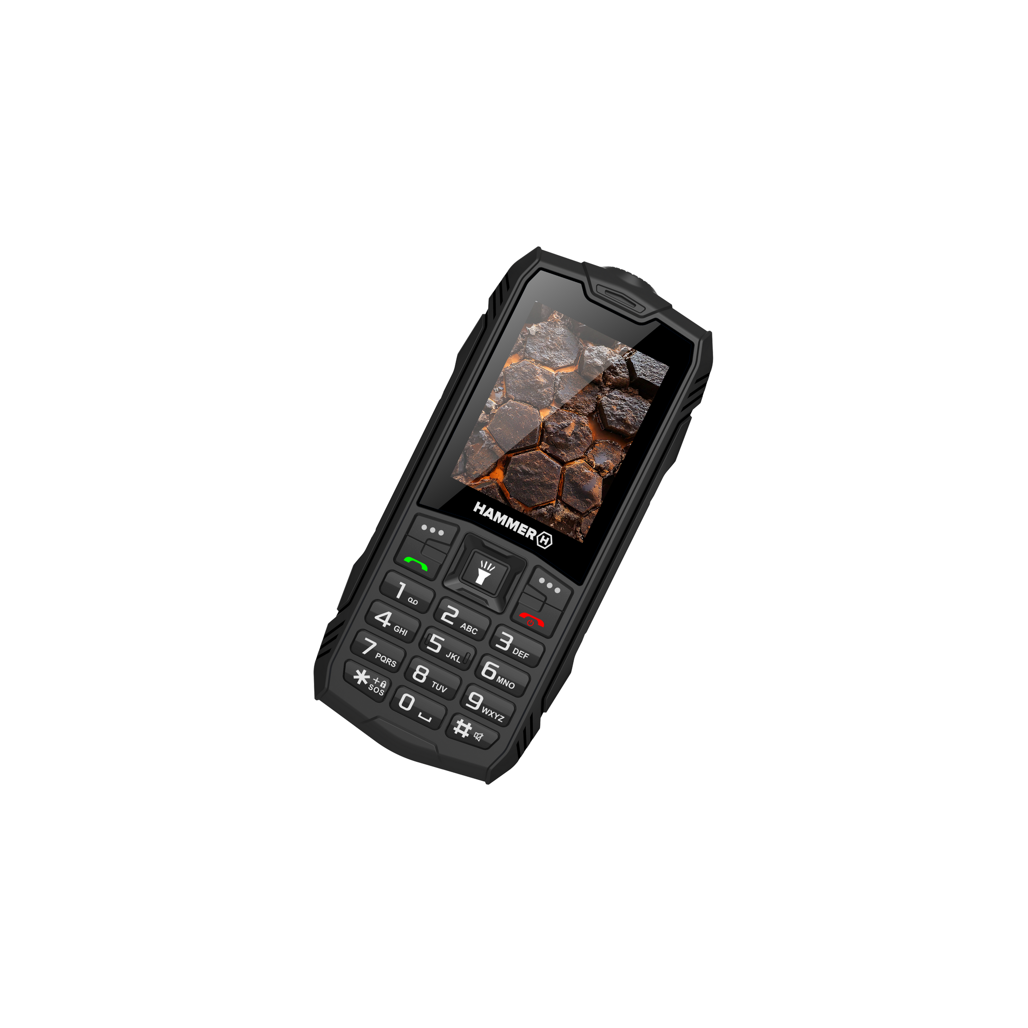 Egy fekete Hammer telefon, texturált képernyővel, barna mintákkal, szürke háttérrel.